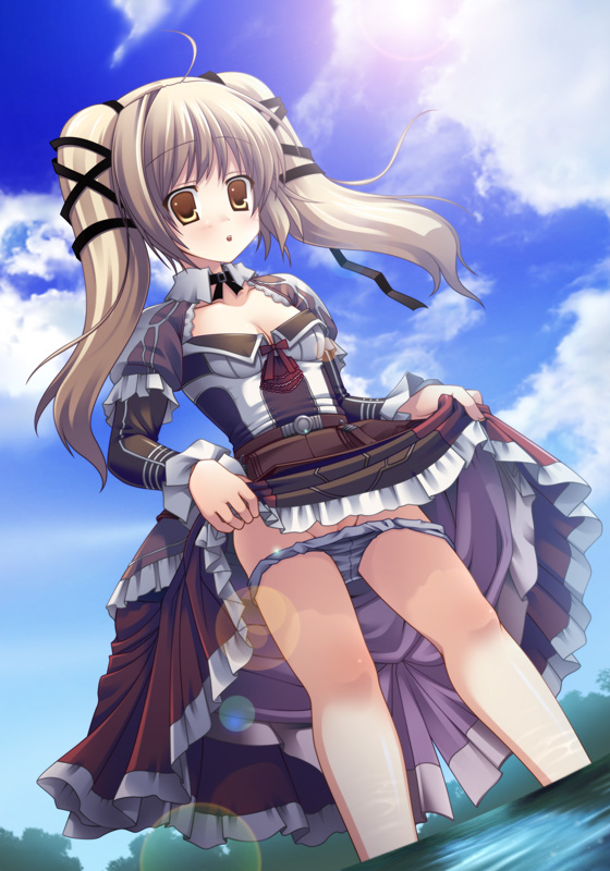 Rule 34 – blonde hair blue panties breasts brown eyes choker claire (granado espada) cleavage cloud dress dress lift dutch angle female frills from below futase hikaru granado espada hair ribbon lens flare long hair open mouth panties panty pull pussy pussy peek ribbon skirt skirt lift sky submerged tied hair twintails uncensored underwear wading water white hair yellow eyes | 26015