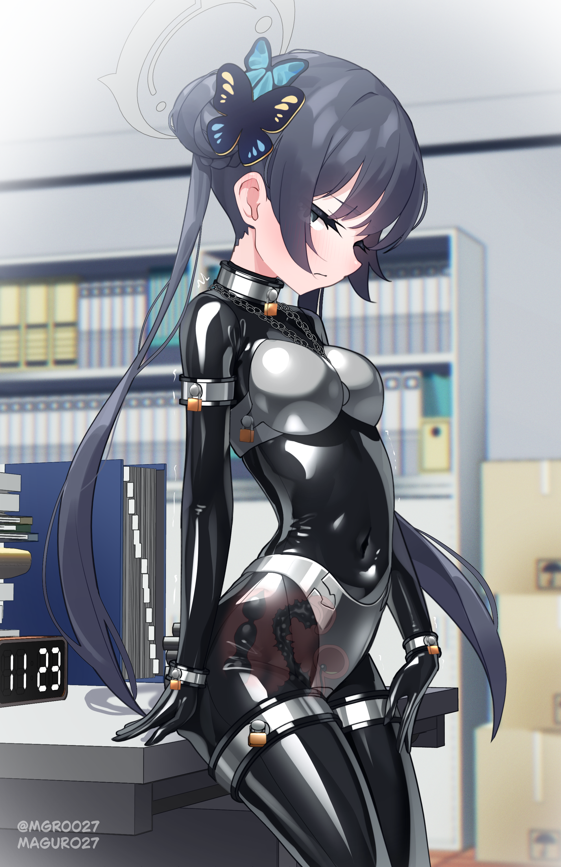 Rule 34 – absurdres anal anal object insertion black hair blue archive bodysuit box butterfly hair ornament cardboard box chains chastity belt chastity bra clock covered navel cowboy shot day desk digital clock eyes visible through hair female grey eyes hair bun hair ornament highres indoors kisaki (blue archive) latex latex bodysuit lock looking at viewer maguro27 metal arm cuffs metal wrist cuffs object insertion padlock shelf solo thigh cuffs twitter username urethral insertion vaginal object insertion vaginal penetration x-ray | 14629943