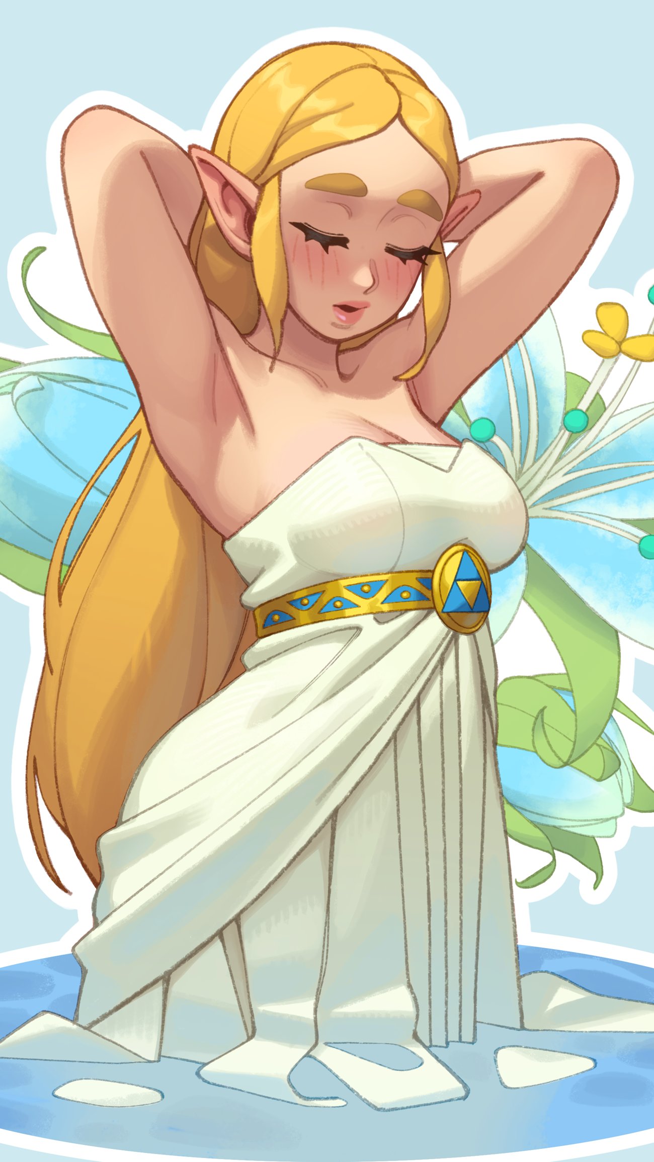 Rule 34 – armpits arms behind head arms up bare shoulders blonde hair blush breasts cleavage commentary english commentary female highres jewelry long hair official alternate costume official alternate hairstyle open mouth pointy ears princess zelda rizdraws sidelocks sleeveless solo the legend of zelda the legend of zelda: breath of the wild thick eyebrows thick lips wading | 14632476