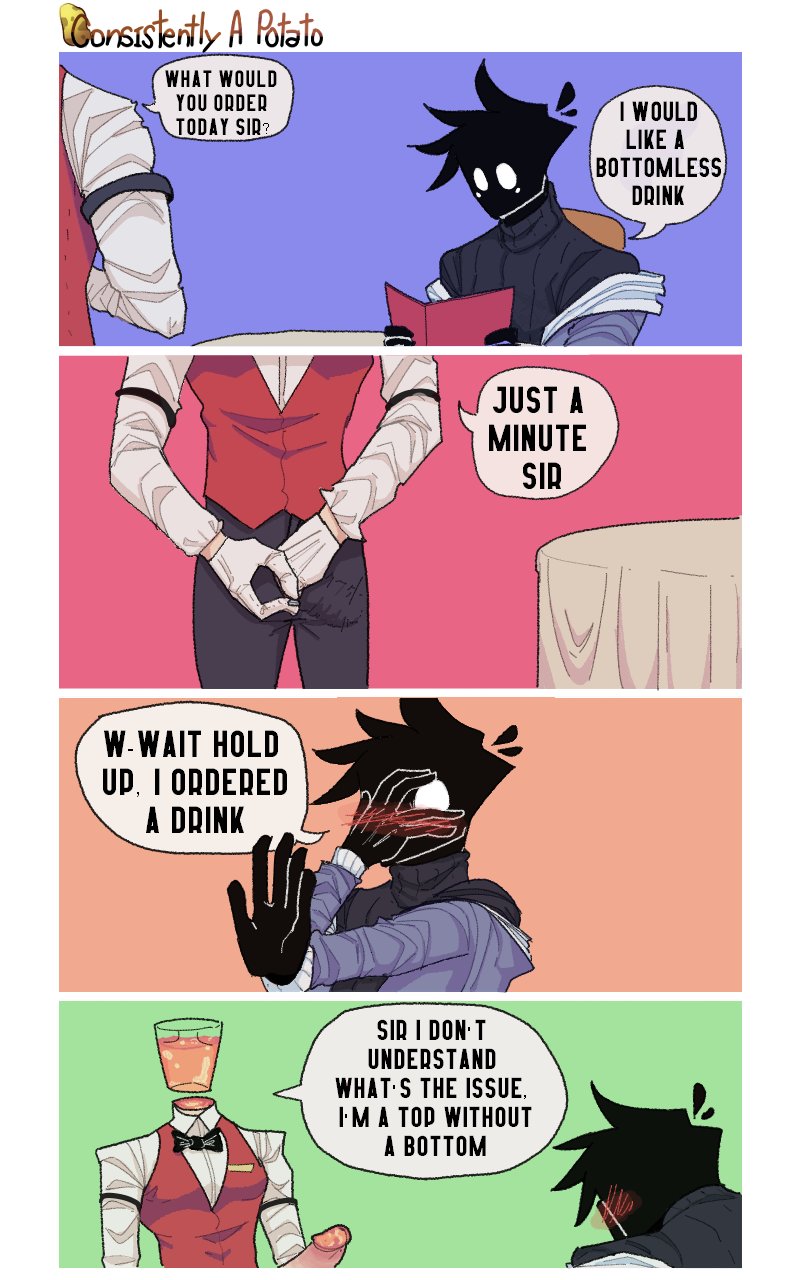 Rule 34 – blush lines comic comic page comic panel comic strip covering face gay nohomoexpress object head object humanoid restaurant silence (apewtato) unzipping pants work uniform | 14643097