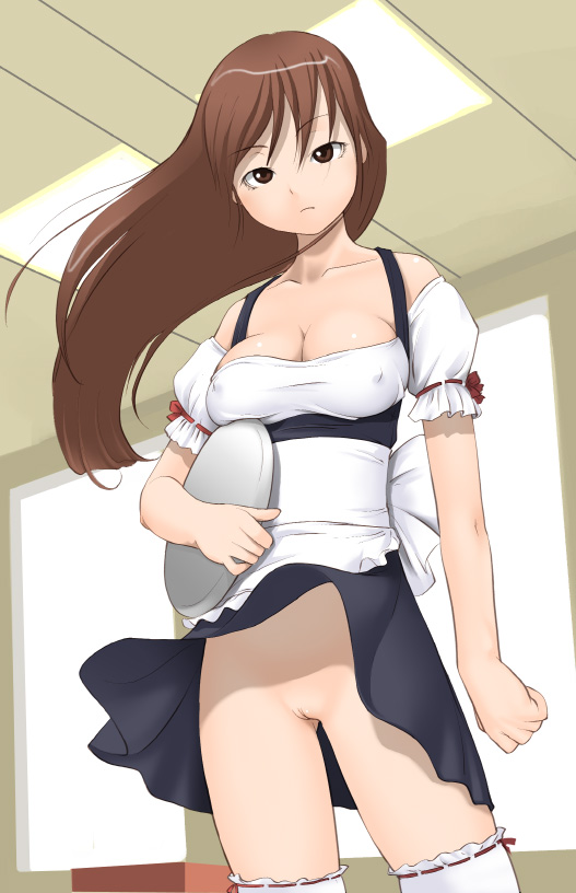 Rule 34 – 1girls breasts brown eyes brown hair cleavage copyright request erect nipples female long hair maid makochin nipples no panties pointy chin solo thighhighs uncensored waitress | 30953