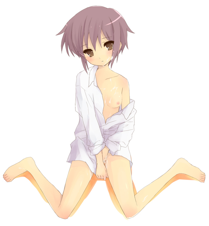 Rule 34 – bare shoulders barefoot breasts brown eyes cum female female only head tilt hijikini human nagato yuki nipples purple hair shirt shirt slip short hair sitting solo suzumiya haruhi no yuuutsu wariza | 32809