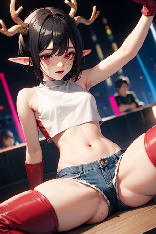 Rule 34 – ai generated antlers beach black hair elf ears eye contact gloves pixie cut red red eyes red gloves seductive expression short hair smirk smug expression stripper teasing usebackdooronly | 14330292