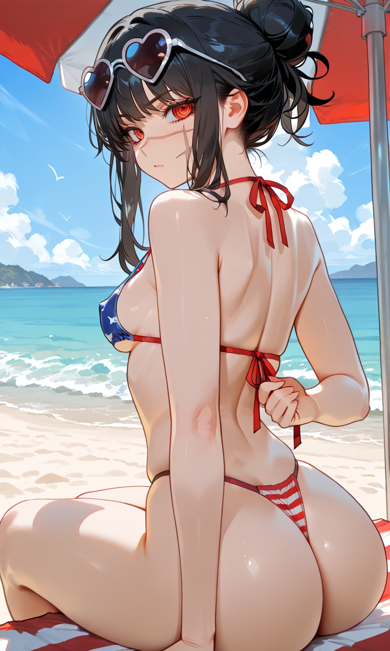 Rule 34 – ai assisted ai generated american flag bikini ass beach black hair chainsaw man face scar heart-shaped sunglasses looking back mitaka asa ringed eyes undressing yoru (chainsaw man) | 14389900