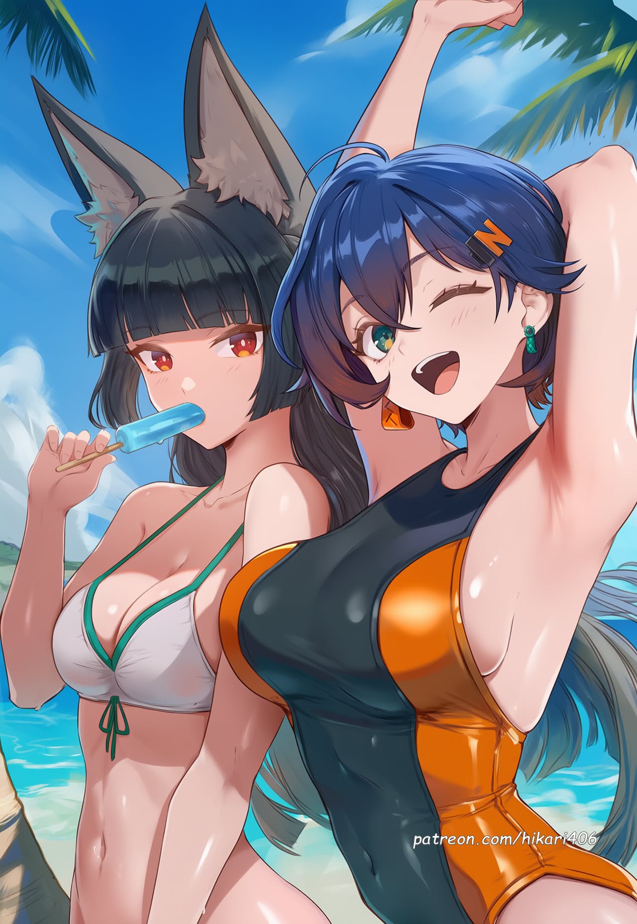 Rule 34 – 2girls ai generated animal ear fluff animal ears armpits beach belle (zenless zone zero) bikini black hair black one-piece swimsuit blue hair blue sky blunt bangs breasts cleavage competition swimsuit covered navel day earrings eating food fox ears green eyes hair ornament hikari406 holding holding food hoshimi miyabi jewelry large breasts long hair looking at viewer medium breasts multiple girls navel ocean one-piece swimsuit one eye closed open mouth outdoors popsicle red eyes sideboob sky smile swimsuit uncensored upper body white bikini zenless zone zero | 14351485
