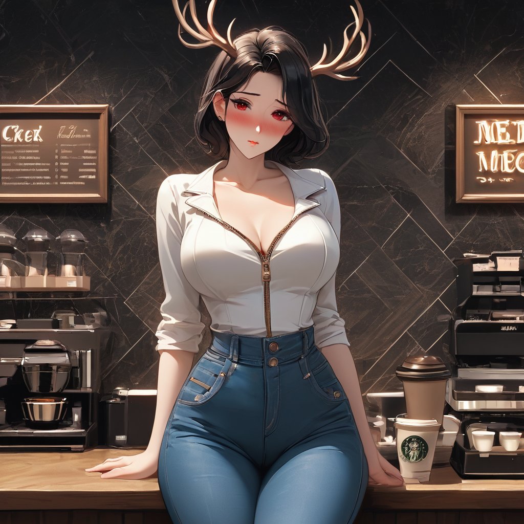 Rule 34 – ai generated antlers black hair elf ears eye contact gloves pixie cut red red eyes red gloves seductive expression short hair smirk smug expression teasing usebackdooronly | 14330708