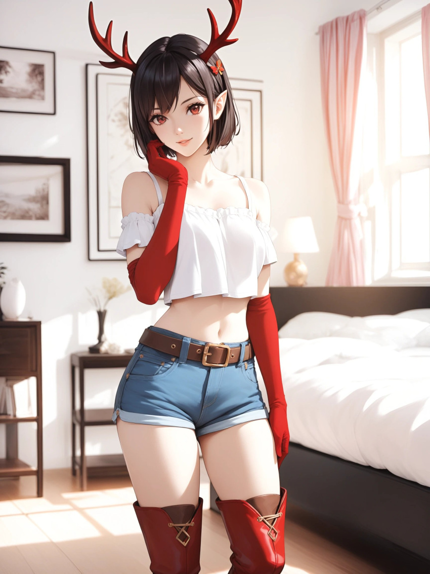 Rule 34 – ai generated antlers black hair blowjob cute elf elf ears female provocative pose pussy red eyes seductive seductive expression short hair suggestive sultry teasing usebackdooronly | 14325922