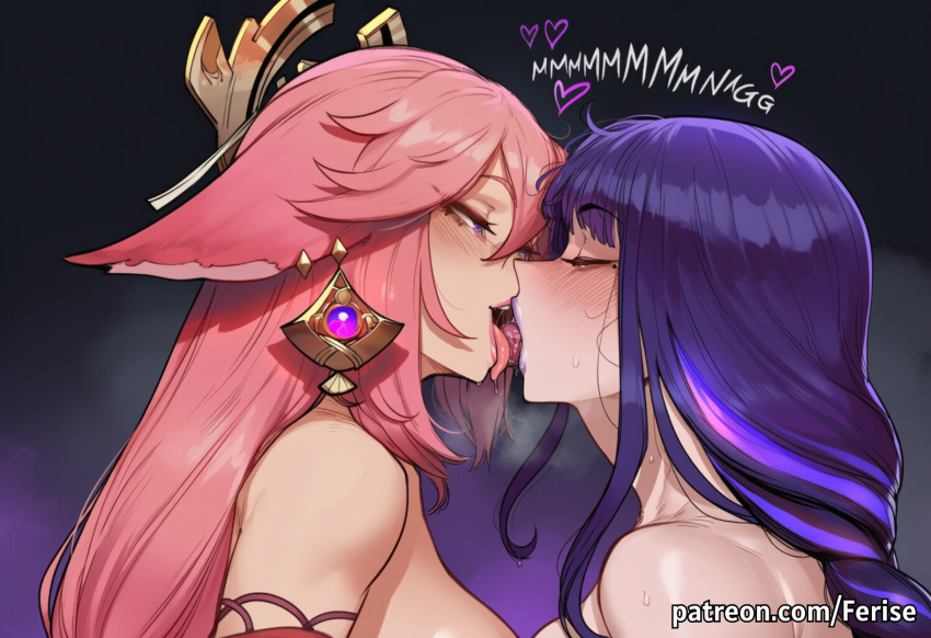 Rule 34 – 2girls flower flower in hair fox fox ears fox girl fox tail french kiss french kissing genshin impact goddess goddess of destruction high resolution highres hot kissing licking licking tongue light skin light skinned female pink hair purple hair raiden shogun sexy sexy body sexy pose tongue tongue kiss tongue kissing tongue out tongue wrap yae miko yuri | 14321191