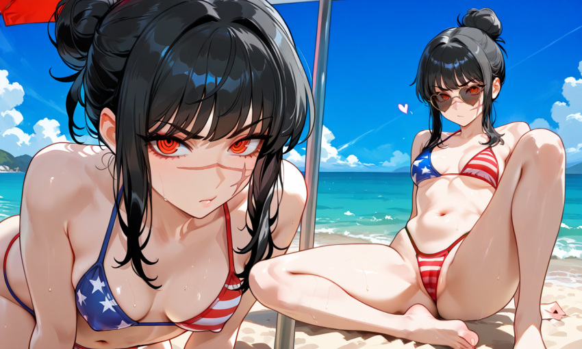 Rule 34 – ai assisted ai generated american flag bikini beach beach towel black hair chainsaw man close-up face scar feet heart-shaped sunglasses mitaka asa multiple views ringed eyes yoru (chainsaw man) | 14389857