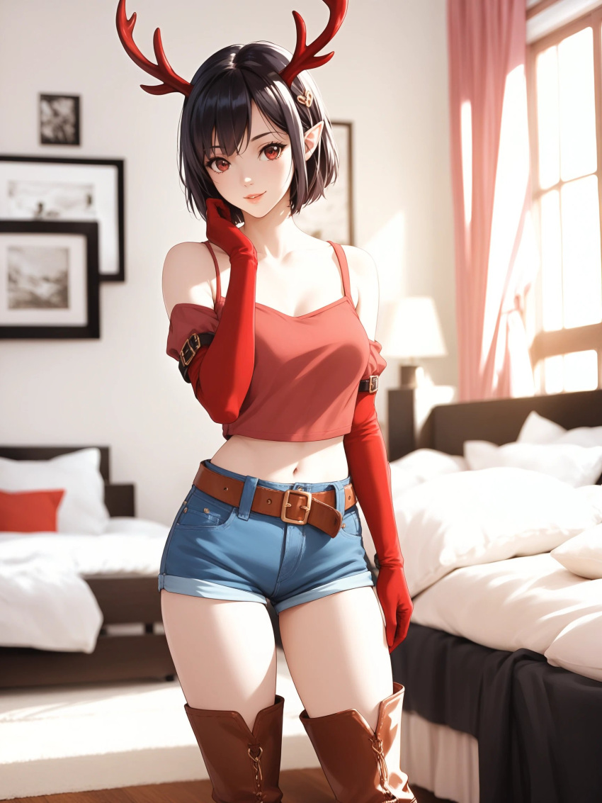 Rule 34 – ai generated antlers black hair blowjob cute elf elf ears female provocative pose pussy red eyes seductive seductive expression short hair suggestive sultry teasing usebackdooronly | 14325918