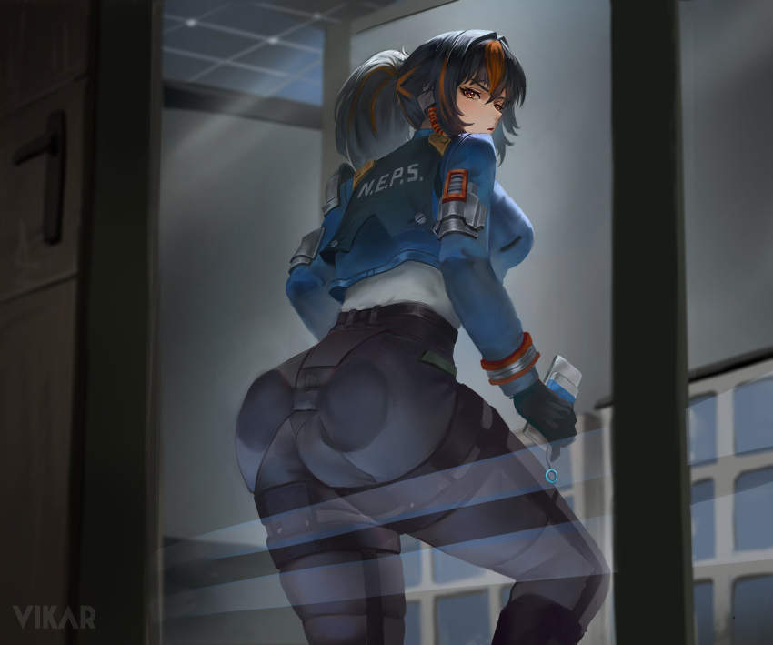 Rule 34 – against glass artist name ass ass on glass ass press black gloves black hair black pants blue jacket breasts commentary english commentary feet out of frame female from behind gloves hair between eyes hair intakes headset high-waist pants highres indoors jacket long hair long sleeves looking at viewer looking back medium breasts multicolored hair open mouth orange eyes orange hair pants ponytail shirt solo streaked hair vikar white shirt zenless zone zero zhu yuan | 14423555