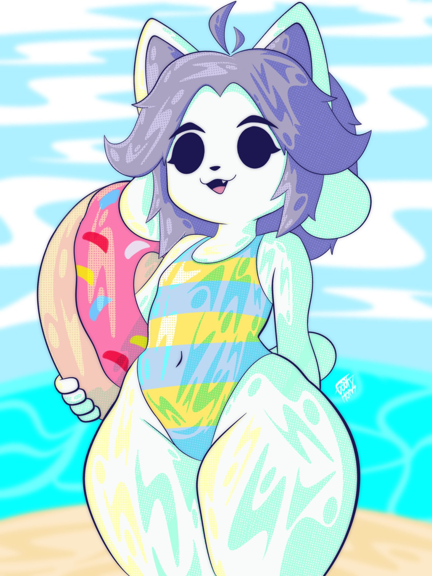 Rule 34 – ass big ass female flat chest goofy horns grey hair striped clothing swimsuit temmie (deltarune) temmie (undertale) undertale undertale (series) white fur wide hips | 14390150