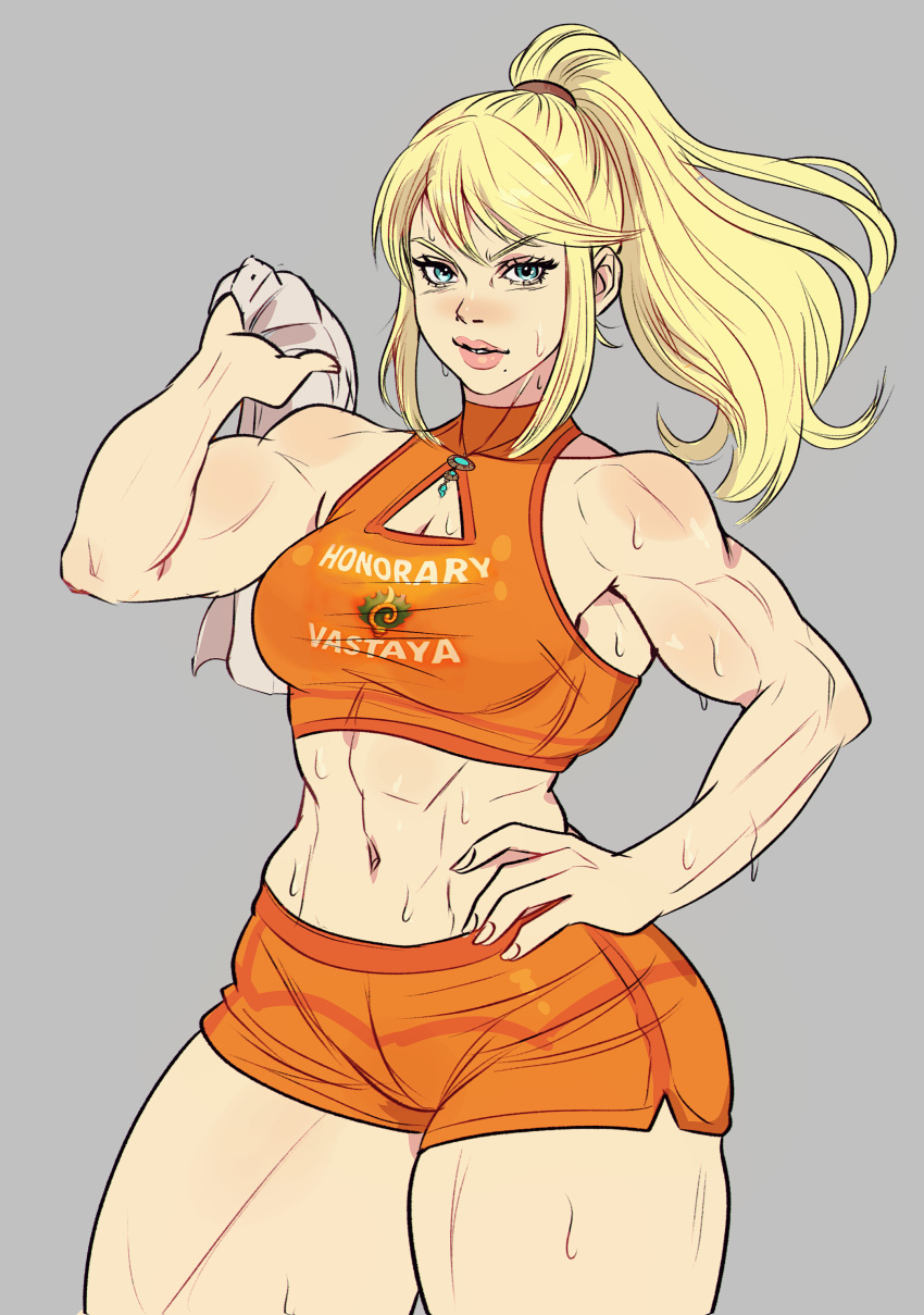 Rule 34 – 2025 blue eyes casual outfit (metroid) commission jewelry logo on clothes metroid muscular female necklace ponytail samus aran smile smiling sweating sweaty towel yoracrab zero suit samus | 14415596