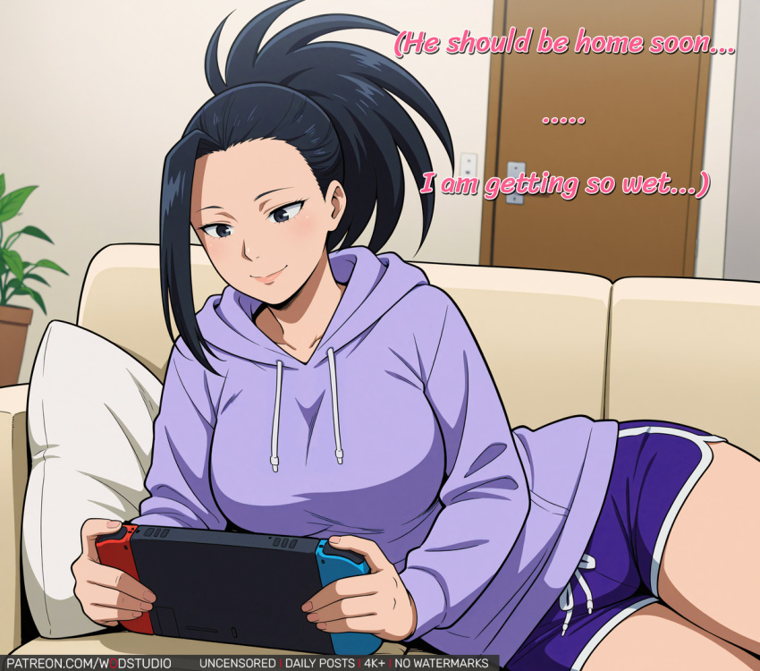 Rule 34 – ai-generated bangs bed bedroom black eyes black hair blush book breasts cellphone closed mouth clothing couch dolphin shorts door drawstring english language english text female female female only furniture hair pulled back holding hood hood down hoodie indoors large breasts long hair long sleeves lying my hero academia nintendo switch on bed on couch on side phone pillow plant playing games ponytail potted plant purple hoodie short shorts shorts sitting smartphone smile solo text thighs tied hair window wodstudio yaoyorozu momo | 14341902