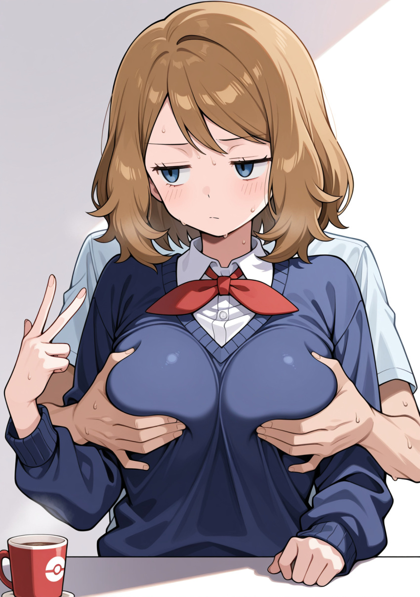 Rule 34 – 1girls ai generated blue eyes blush breast grab brown hair clothed embarrassed hand gesture hirari (artist) light skinned female medium breasts medium hair pokemon serena (pokemon) unamused v sign | 14406257