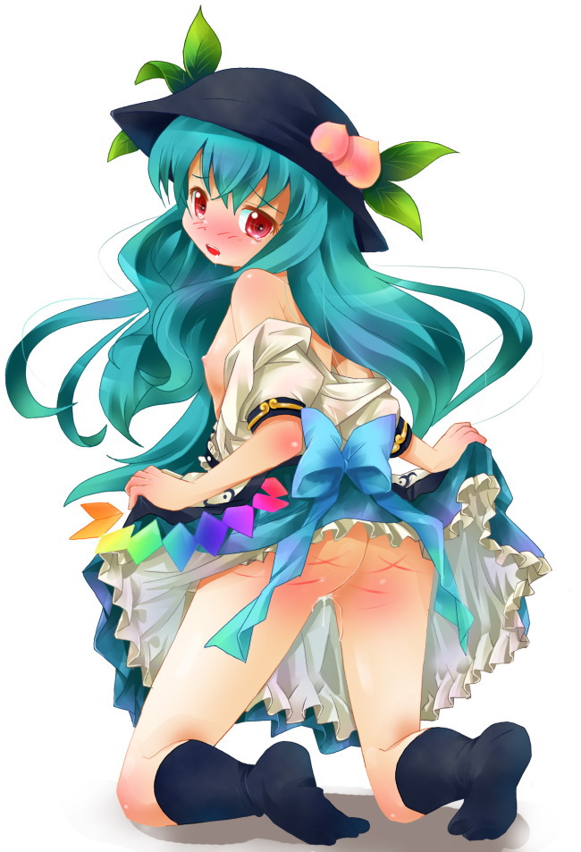 Rule 34 – 1girls aqua hair ass female flat chest food fruit hat long hair michii yuuki nipples nude peach (fruit) red eyes socks solo tears tenshi hinanawi touhou whip marks | 35802