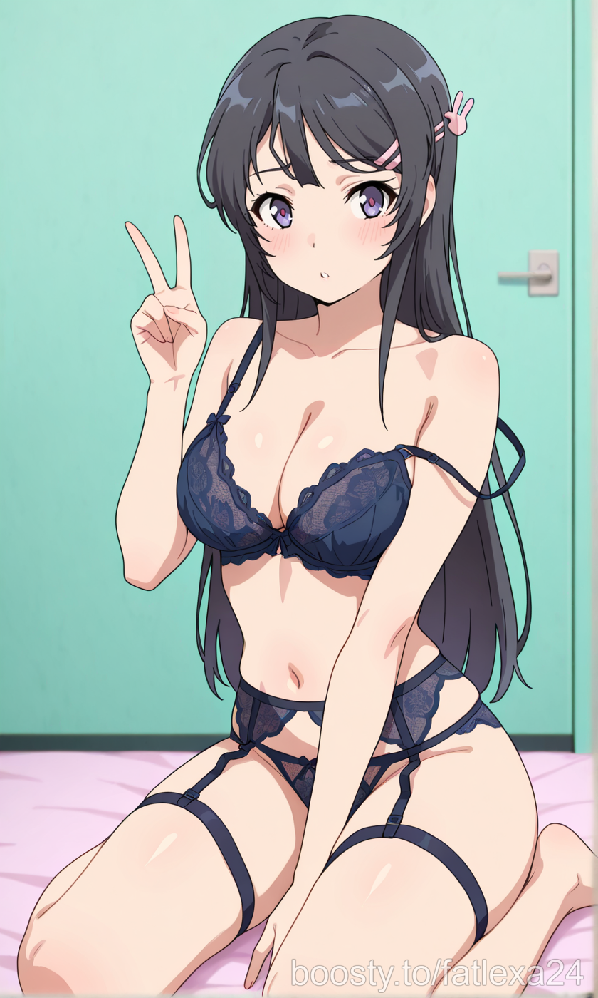 Rule 34 – blush bra breasts brown hair lace-trimmed bra lace-trimmed panties lingerie medium breasts navel panties parted lips peace sign purple eyes sakurajima mai sexy lingerie thigh strap thighs wariza | 14696444