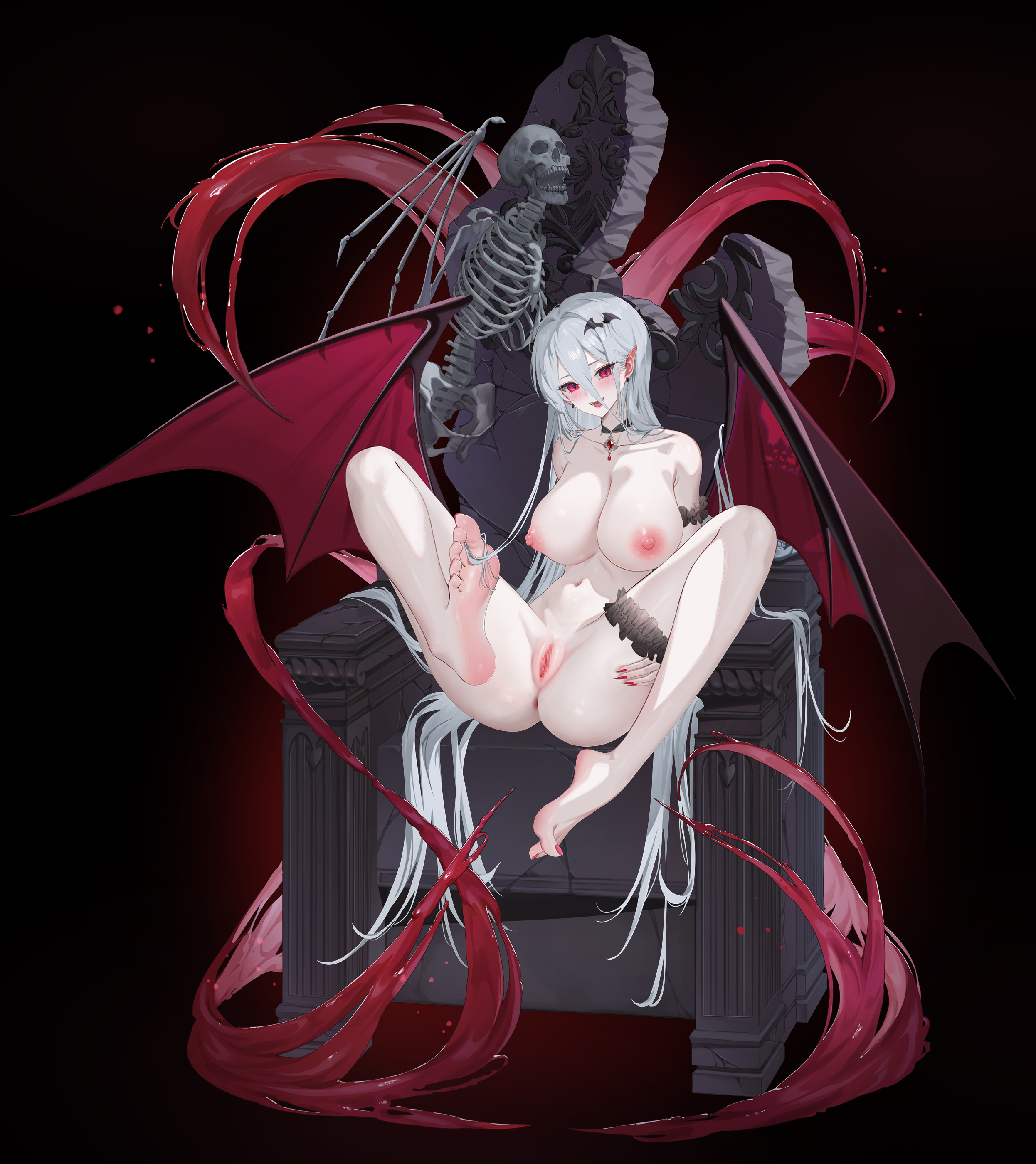 Rule 34 – absurdres anus bare arms bare legs bare shoulders barefoot bat wings breasts censored completely nude fangs feet female fingernails highres large breasts legs lichiko long hair looking at viewer mosaic censoring nipples nude original pale skin pointy ears pussy red eyes sharp fingernails skeleton soles spread legs thighs vampire white hair wings | 14738194