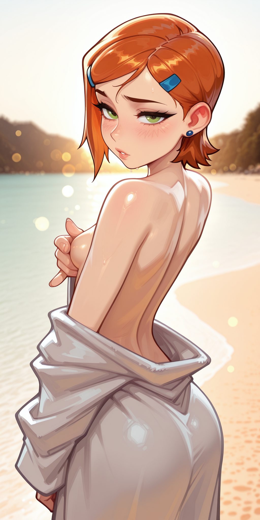 Rule 34 – 1girls ai generated bare back bare shoulders beach ben 10 blush bokeh cartoon network covering breasts covering nipples erotic firm ass green eyes gwen tennyson hairclip looking at viewer looking back naked orange hair outdoors parted lips perfect body photo background removing clothing robe sexy short hair shy skinny small breasts solo standing suggestive sunset sweat undressing viewed from behind warm lighting | 14739255