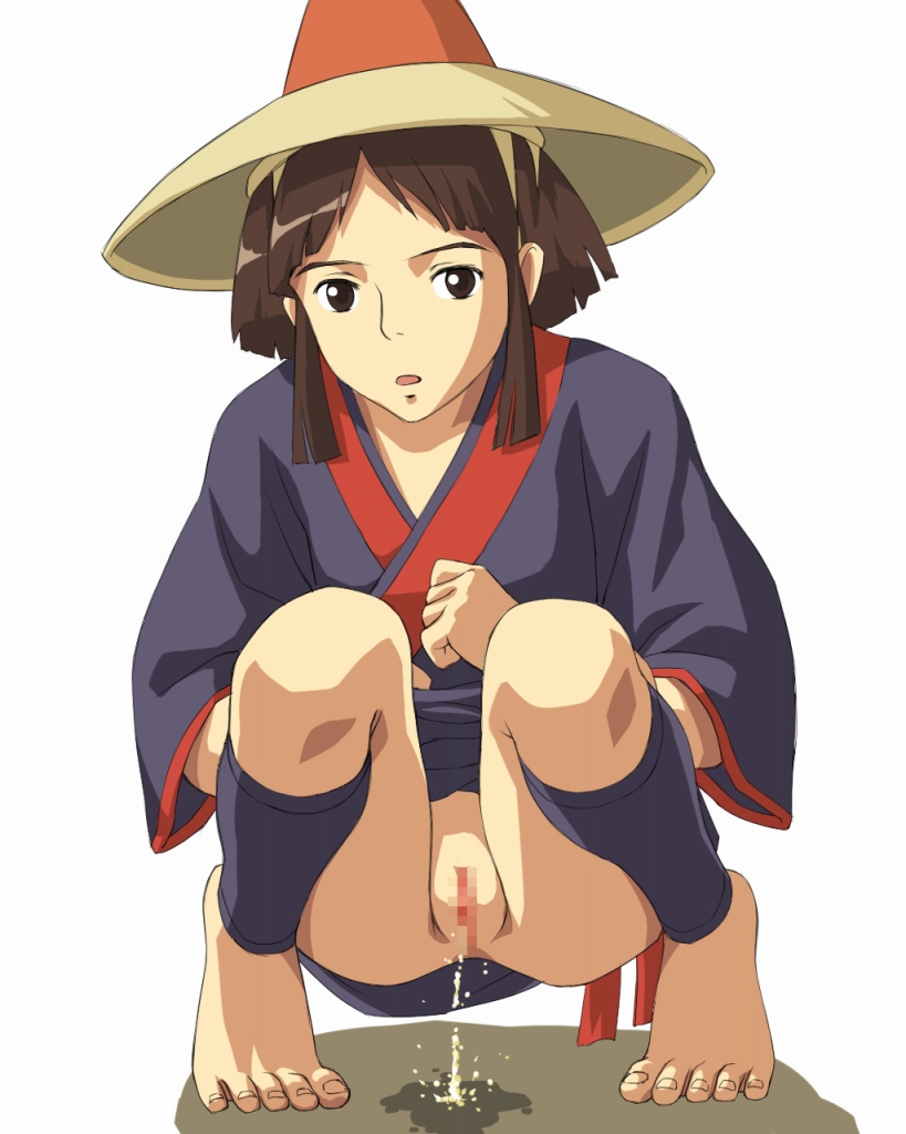 Rule 34 – 1girls barefoot breasts brown eyes brown hair censored female hat human japanese clothes kaya (princess mononoke) kimono light-skinned female light skin mononoke hime orga peeing princess mononoke pussy short hair solo squat squatting studio ghibli urinating | 46957