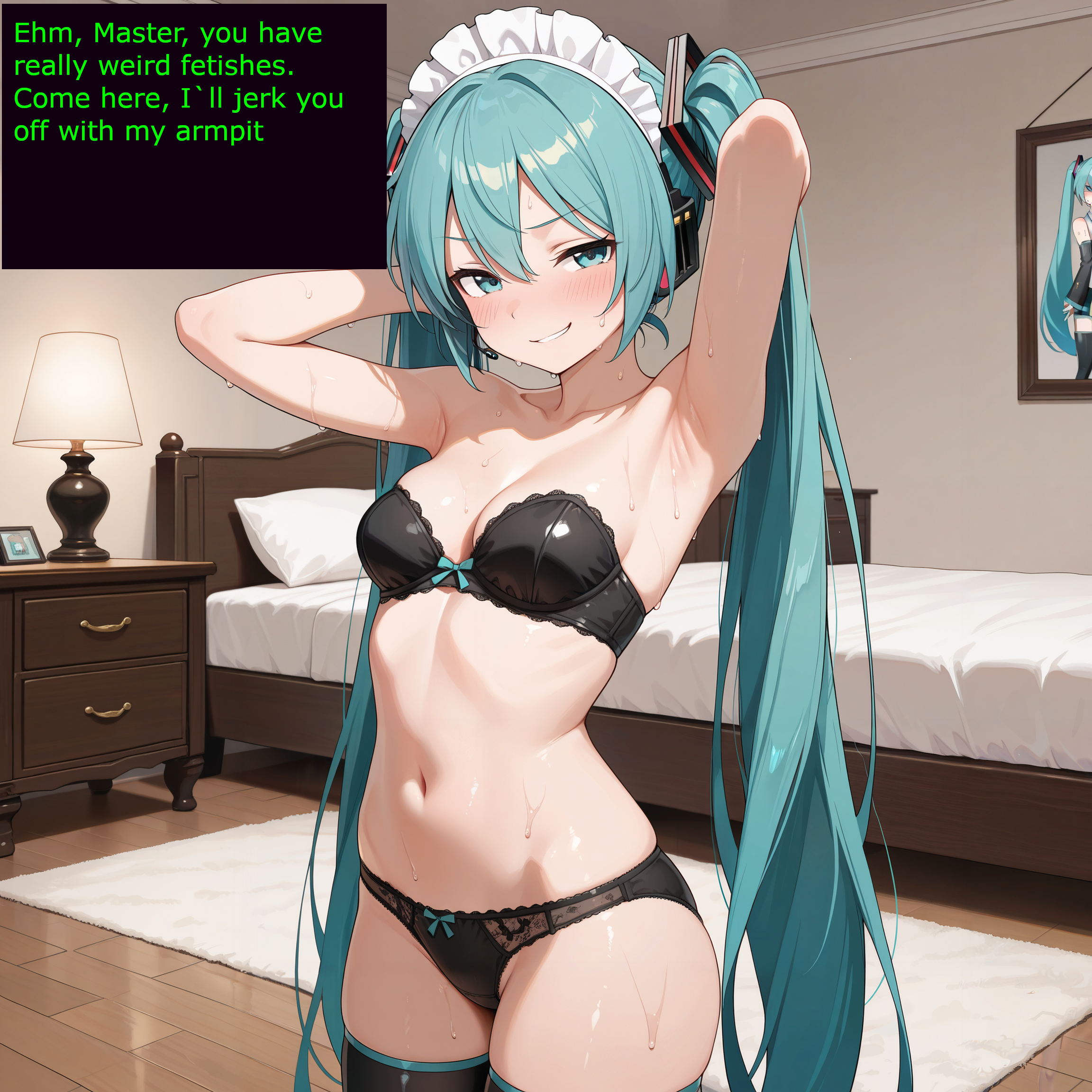 Rule 34 – 1girls ai generated armpits bed bedroom bra hatsune miku maid panties sideboob smirk stockings sweat text touching breast | 14753097