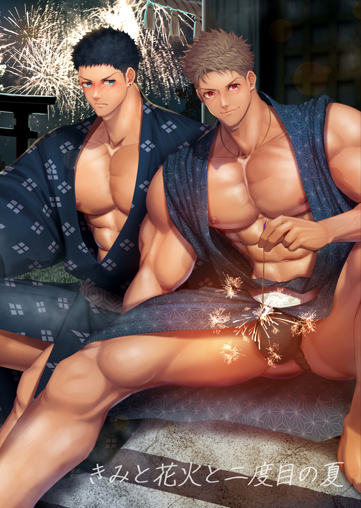 Rule 34 – 2boys abs bare breasts beefy biceps big areola big breasts big bulge black fundoshi black hair blonde hair blue eyes blush breasts bulge bulge through clothing collarbone fireworks fundoshi gay hi res hunk indoors kimono legs apart looking at viewer male male breasts male only mature male meisho hanten muscles muscular muscular arms muscular legs muscular male muscular thighs necklace night oppai orange eyes original original character pantsless pecs pubic hair pubic hair peek quadriceps rokushaku fundoshi rolled up sleeves short hair sitting six pack smile sparkler sparkles spread legs text triceps yaoi yukata | 14798066