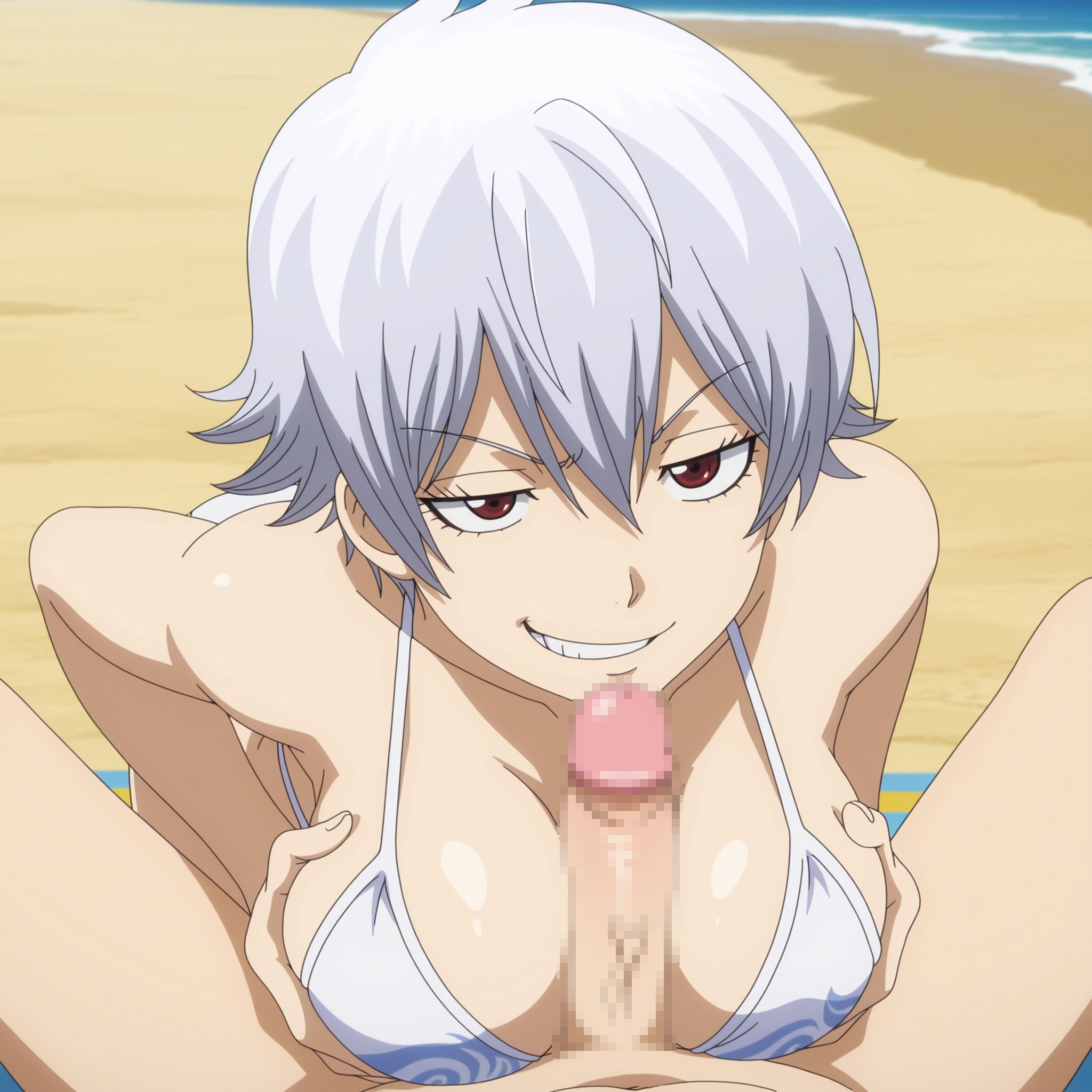 Rule 34 – 1boy 1girls ai generated big breasts bikini breast hold canon genderswap cleavage genderswap (mtf) ginko sakata gintama gintoki sakata grin holding breasts looking at viewer male male pov mosaic censoring paizuri pov red eyes rule 63 short hair smile very short hair white bikini white hair | 14799762
