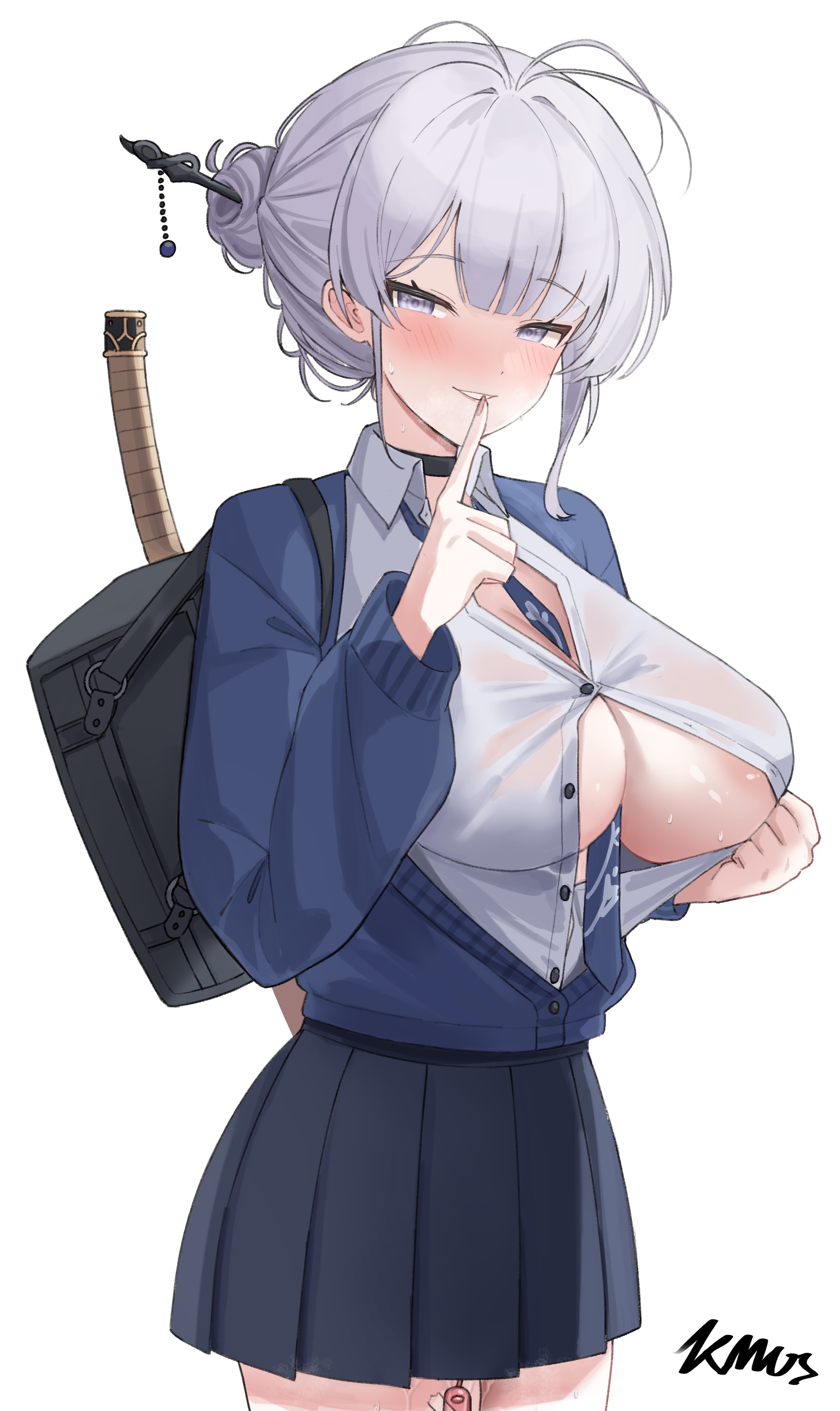 Rule 34 – 1girls absurd res areola slip backpack big breasts blazer blush choker cleavage clothed clothed female collared shirt female female only hair bun hi res itokonoue kaoru jinmuxi (user pvha4443) light-skinned female light skin looking at viewer medium-haired female medium hair project kv school uniform skirt solo standing sweat tie unbuttoned vibrator vibrator under clothes white hair | 14803076