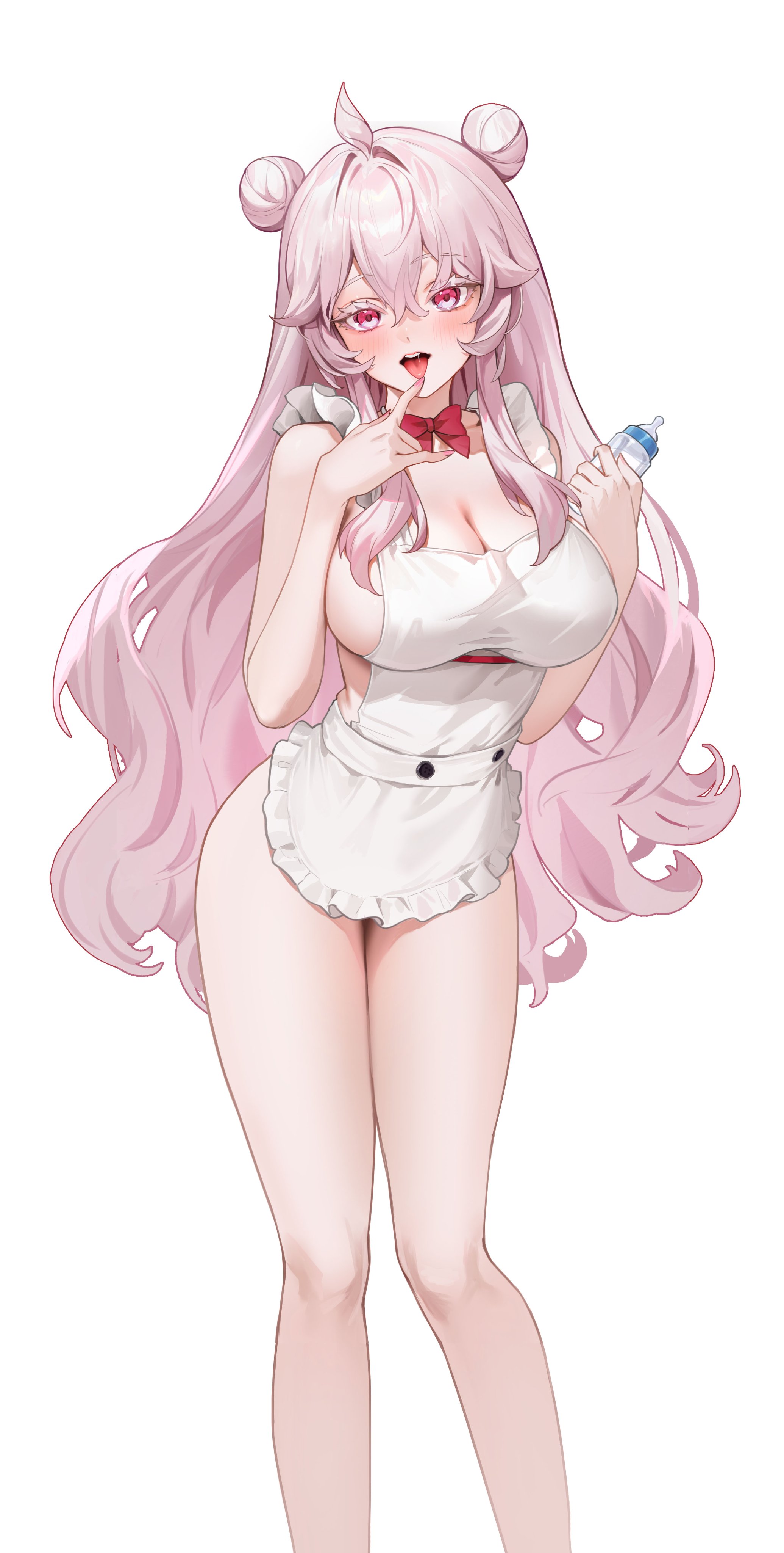 Rule 34 – absurdres apron blush breasts cleavage collarbone commentary double bun female frilled apron frills hair bun highres large breasts long hair looking at viewer lying naked apron on side open mouth original pink eyes pink hair simple background smile solo thighs white apron white background zhudouzi | 14816591