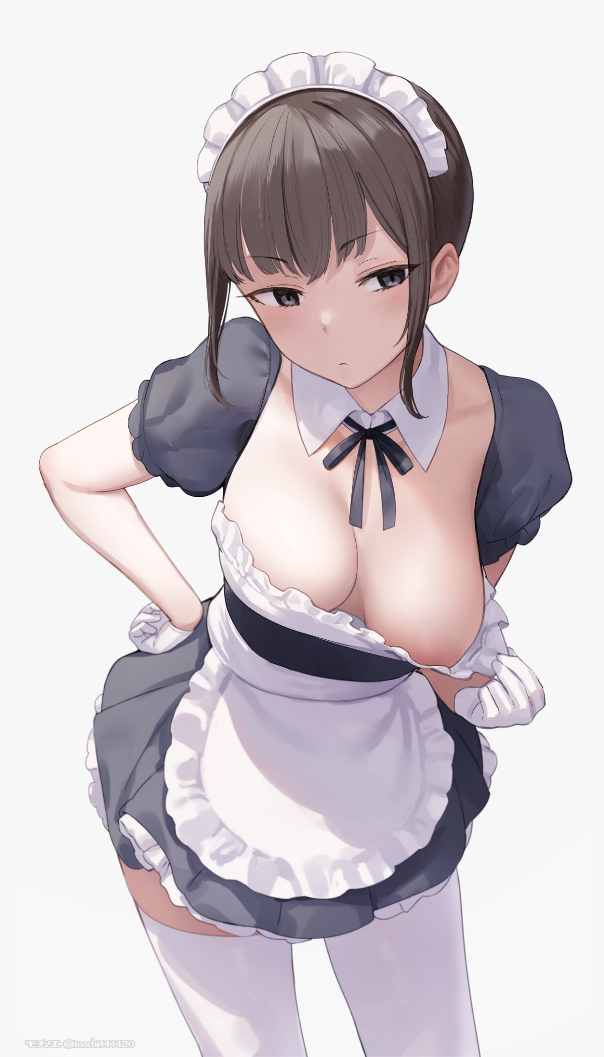 Rule 34 – apron areola slip black dress black eyes black ribbon blush breasts brown hair closed mouth commentary request detached collar dress female frills gloves grey background hand on own hip highres maid maid headdress medium breasts mochi (mochi444420) neck ribbon original puffy short sleeves puffy sleeves ribbon short sleeves simple background solo thighhighs waist apron white apron white gloves white thighhighs | 14826033