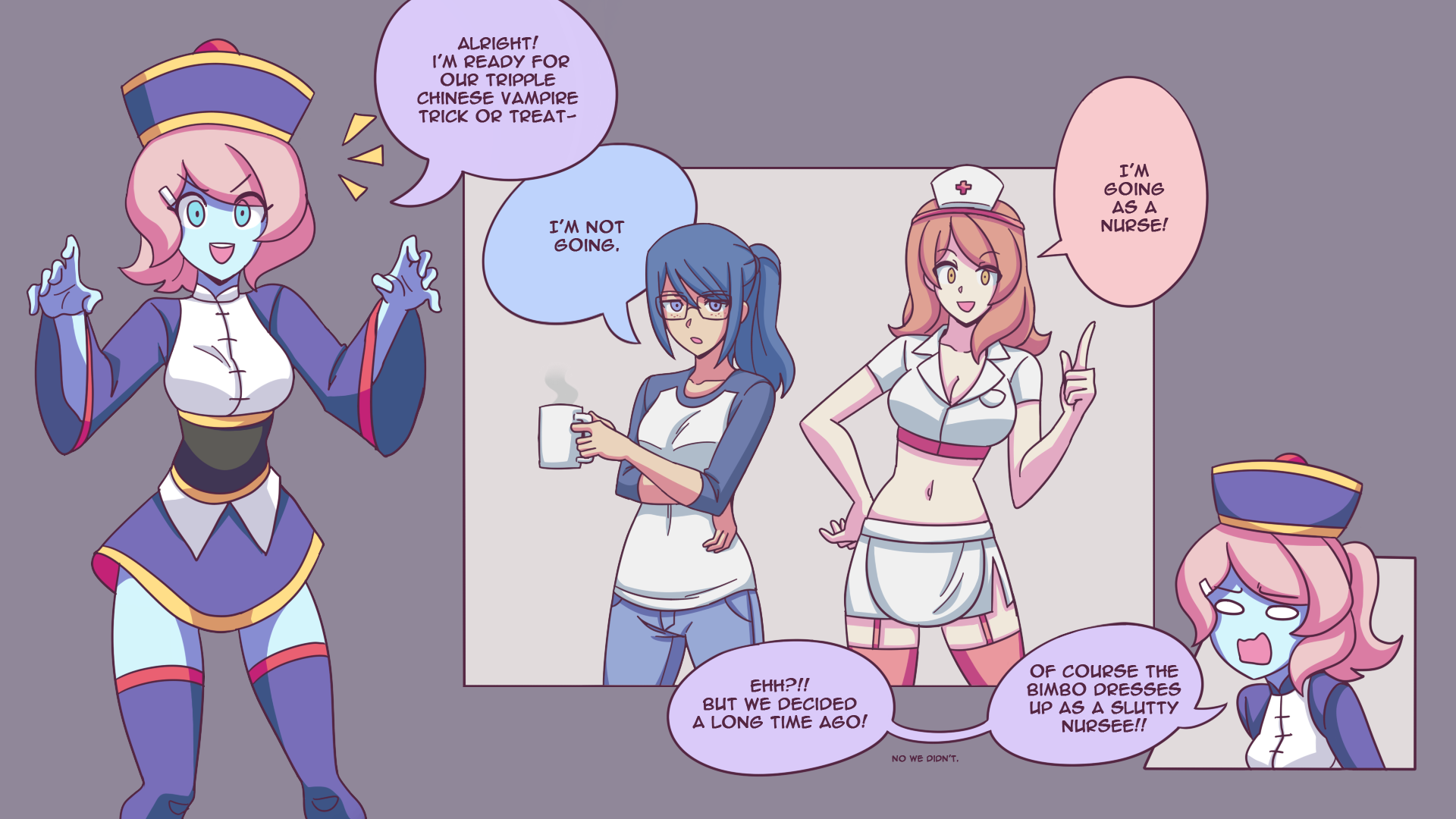 Rule 34 – alexia (electrickronos) celes (electrikronons) chinese clothes cleavage comic electrickronos halloween large breasts nurse nurse uniform text vampire wendy (electrikronons) | 14845400