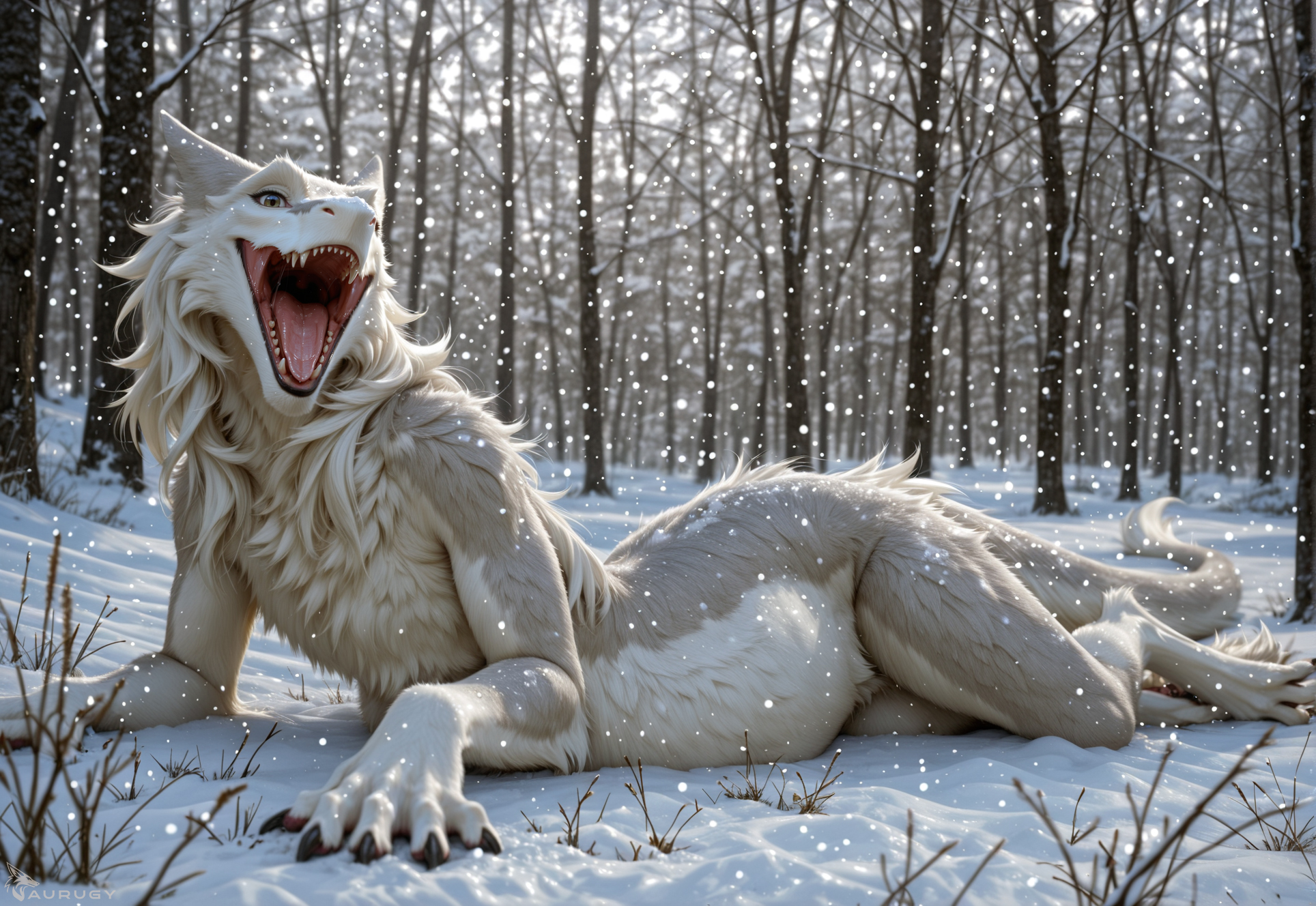Rule 34 – ai generated anthro aurugy belly big belly bodily fluids detailed female feral forest fur hi res inviting laying looking at viewer low-angle view lying mouth shot on front open mouth outside plant realistic saliva sergal sharp teeth snow solo teeth tongue tree vore vore belly white body white fur | 14848093