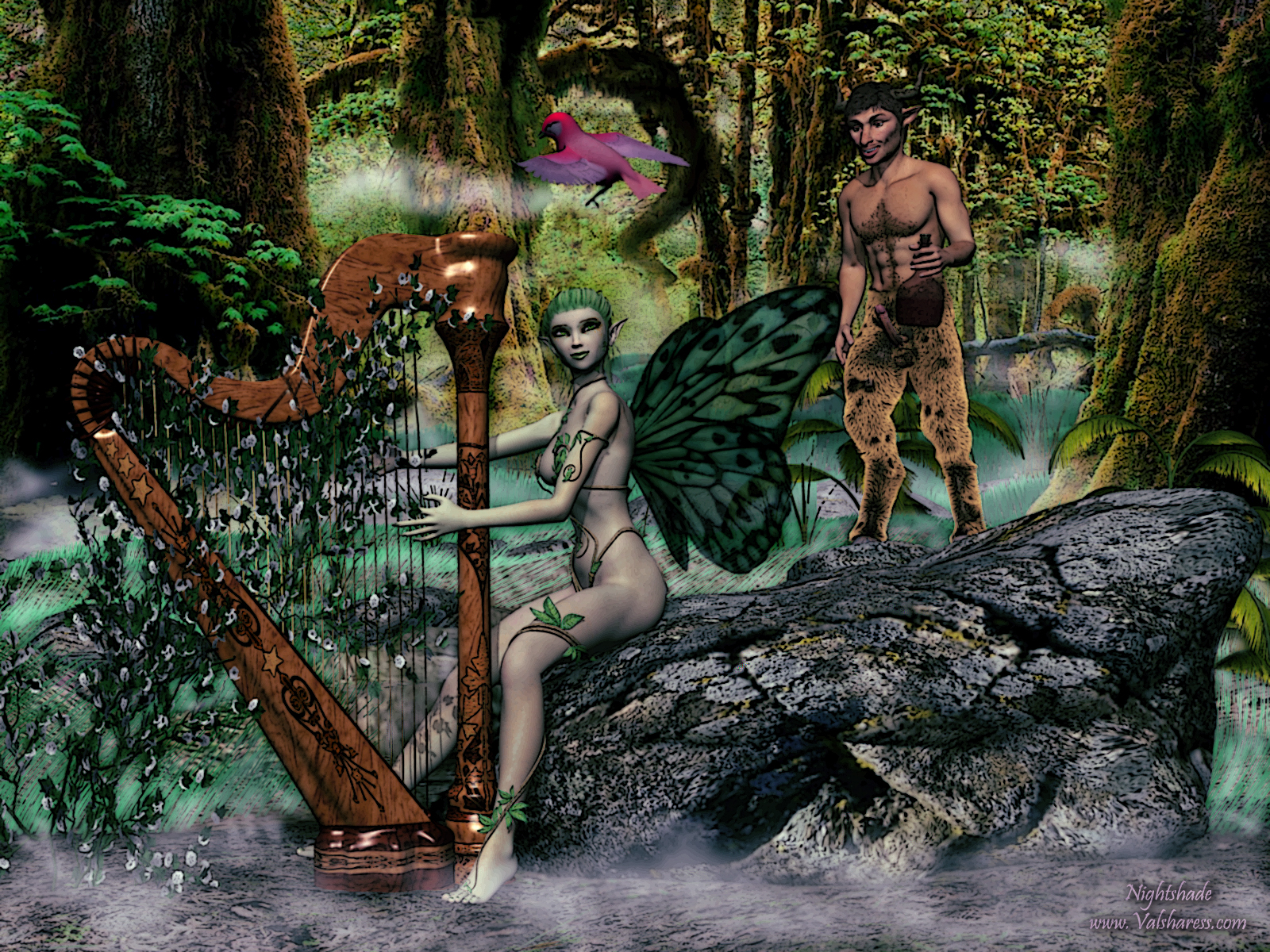 Rule 34 – 1boy 1girls body fur body hair erection female fog forest green eyes green skin hairy hairy male half-human harp hooves horns humanoid male monster girl nipples nude nymph penis pointy ears satyr straight tree wine | 68943