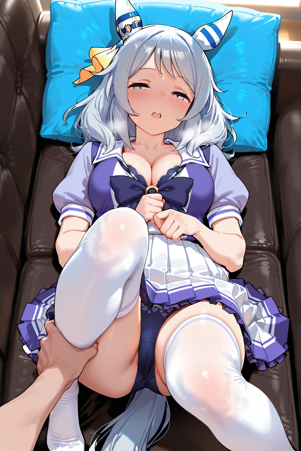 Rule 34 – ai generated bra cleavage grabbing legs green eyes hishi miracle (umamusume) looking at viewer ribbon in hair silver hair socks sofa tagme tracen school uniform umamusume umamusume pretty derby unknown artist | 14899636
