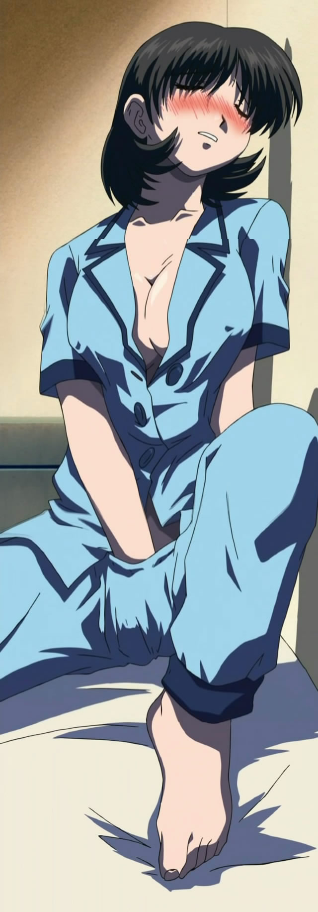 Rule 34 – barefoot blush breasts brown hair cap cleavage erect nipples female female only futari ecchi highres human long image masturbation nipples pajamas screencap short hair sitting solo stitched tall image toe-point unbuttoned | 74876