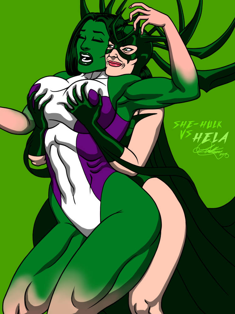 Rule 34 – 2d 2d (artwork) 2girls asgardian closed eyes crown evil smile femdom gloves green hair green skin hands on breasts hela kaywest leotard looking at partner marvel marvel comics mcu only female open mouth reverse transformation she-hulk superheroine villainess white skin | 14932943