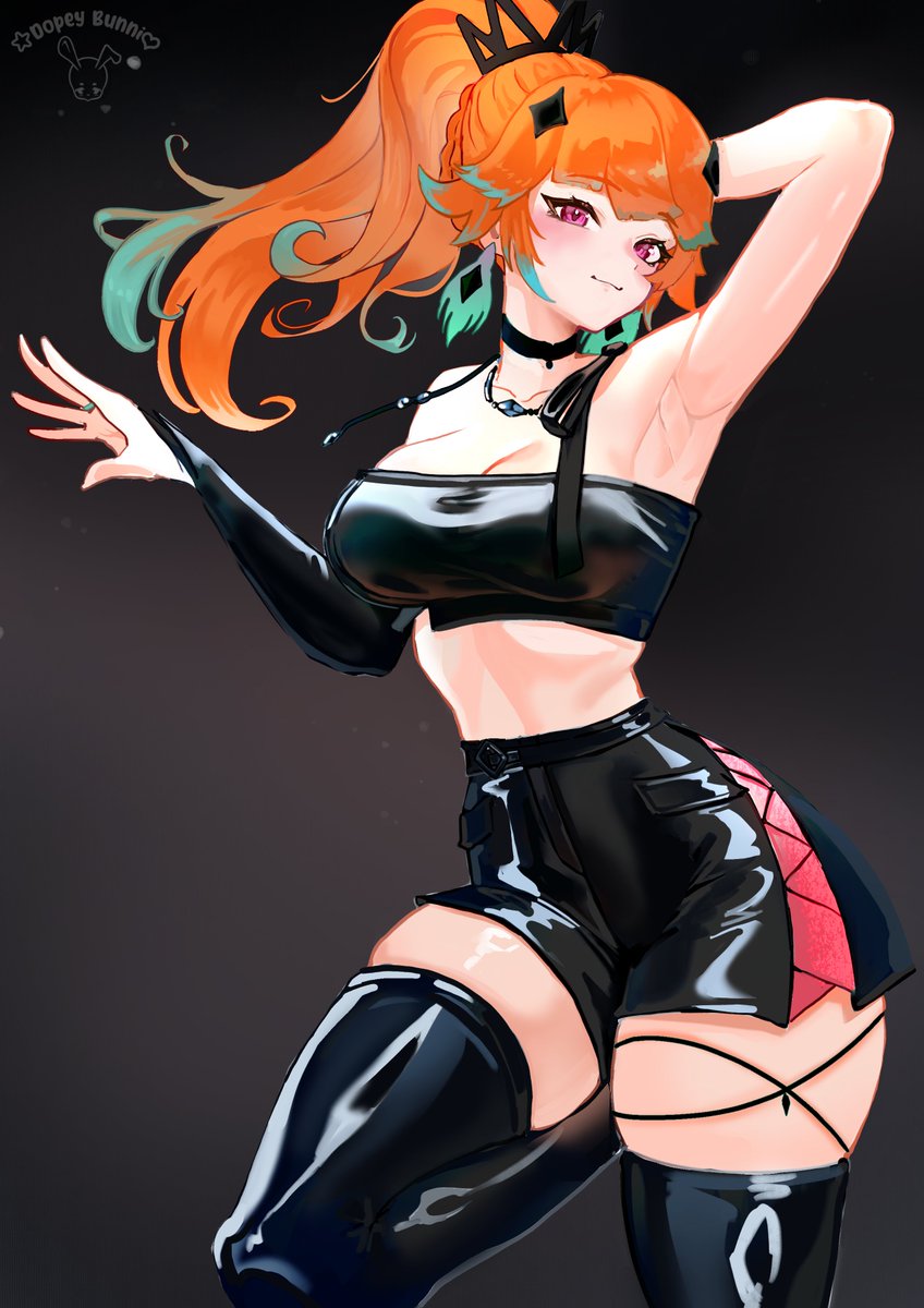 Rule 34 – arm up armpit crease armpits artist name black shorts black thighhighs black tube top breasts bridal gauntlets choker commentary dopeybunni earrings english commentary feather earrings feathers female green hair hair ornament high ponytail highres hololive hololive english jewelry large breasts long hair looking at viewer midriff mirage (takanashi kiara) multicolored hair necklace orange hair ponytail purple eyes short shorts shorts simple background single bridal gauntlet skindentation smile solo strapless takanashi kiara thighhighs tube top virtual youtuber | 14934256