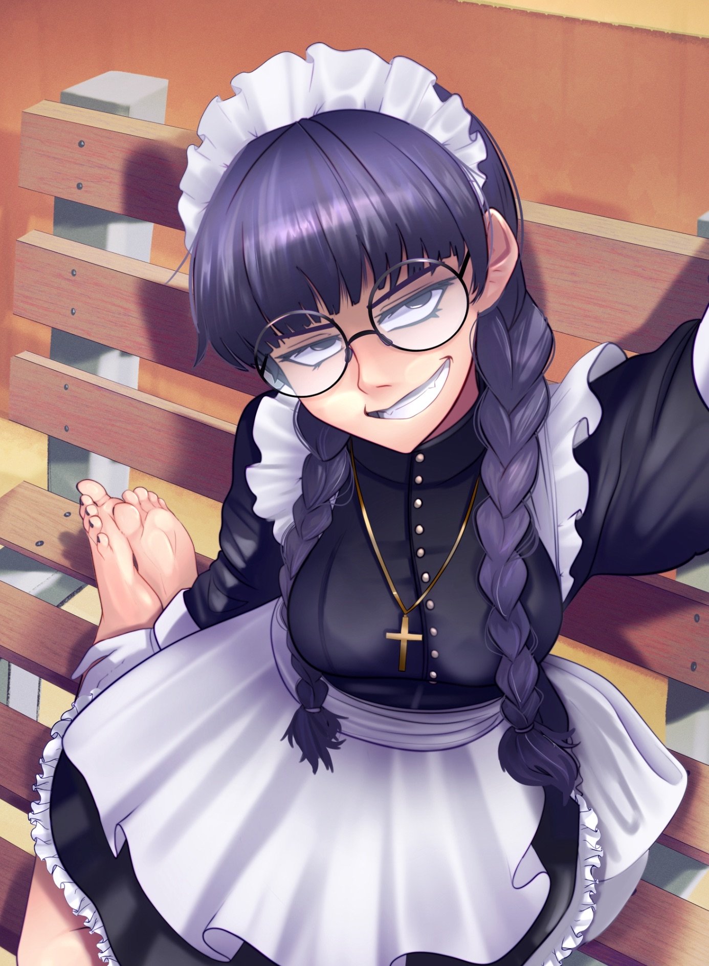 Rule 34 – apron arm up barefoot black dress black lagoon blysill braid breasts chair commentary commission cross cross necklace day dress english commentary feet female gloves grey eyes hair over shoulder highres impossible clothes impossible dress jewelry long sleeves looking at viewer maid maid apron maid headdress medium breasts nail polish necklace on chair outdoors purple hair purple nails roberta (black lagoon) round eyewear shadow sitting smile solo teeth toenail polish toenails toes twin braids white apron white gloves | 14935108