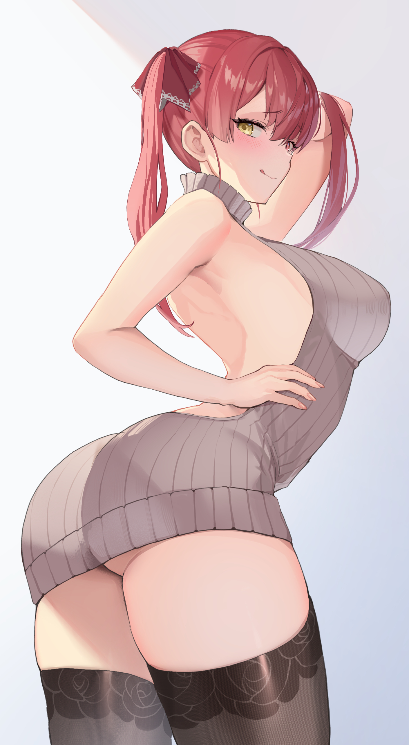 Rule 34 – :q absurdres alternate costume arm behind head ass backless outfit bare shoulders black thighhighs blush breasts curvy dress female from side grey sweater hair between eyes hair ribbon hand on own hip heterochromia highres hololive houshou marine large breasts long hair looking at viewer pi tayuko red eyes red hair red ribbon ribbed sweater ribbon sleeveless sleeveless sweater sleeveless turtleneck smile solo sweater sweater dress thighhighs thighs tongue tongue out turtleneck turtleneck sweater twintails virgin killer sweater virtual youtuber yellow eyes | 14935362