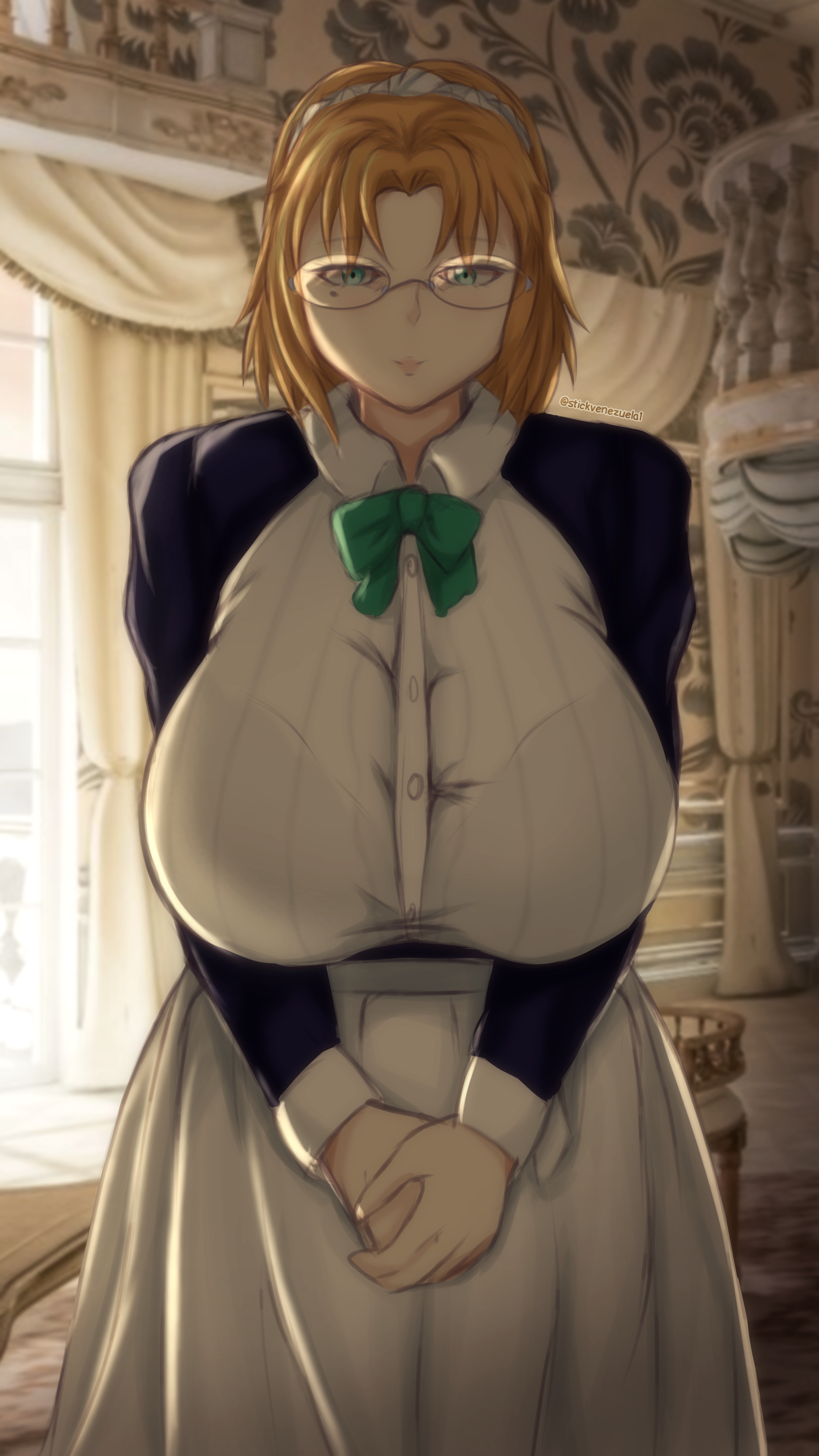 Rule 34 – 1girls apron bra bra visible through clothes breasts breasts bigger than head dress enmaided female female focus female only frills glasses hair between eyes hi res highres huge breasts hyper breasts light-skinned female light skin liselotte meier (stickvenezuela) maid maid headdress massive breasts mature female orange hair original original character puffy sleeves purple dress rimless eyewear see-through clothes sidelocks smile solo stickvenezuela tagme teal eyes underwear waist apron white apron | 14937775