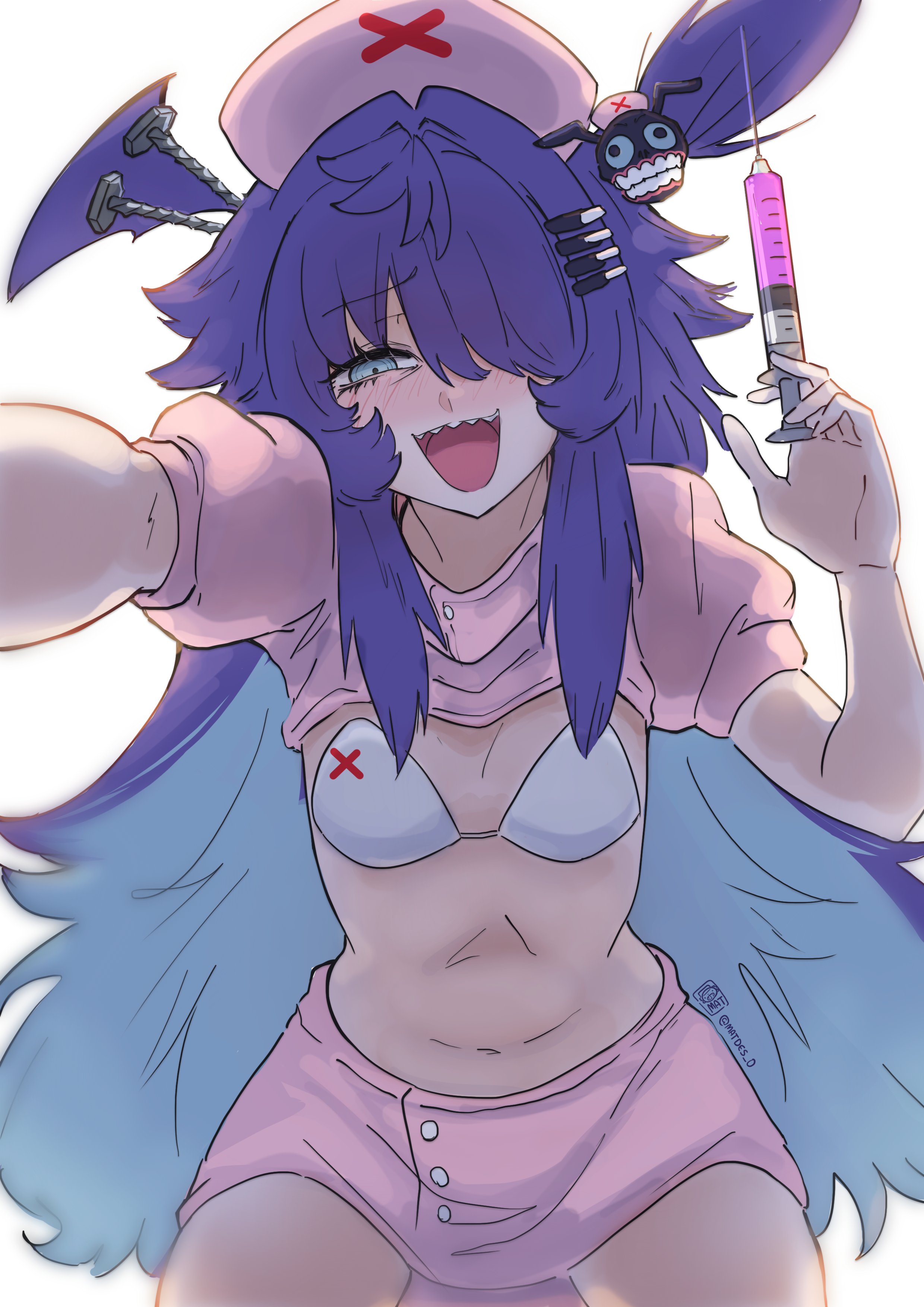 Rule 34 – 1girls belly button blue eye blush breasts dr.nova (e) light-skinned female light skin looking at viewer lunalia mat (matdes 0) nose blush nurse cap nurse uniform one eye obstructed open mouth purple hair sadistic skirt small breasts syringe uniform v4mirai viewer pov virtual youtuber | 14968767