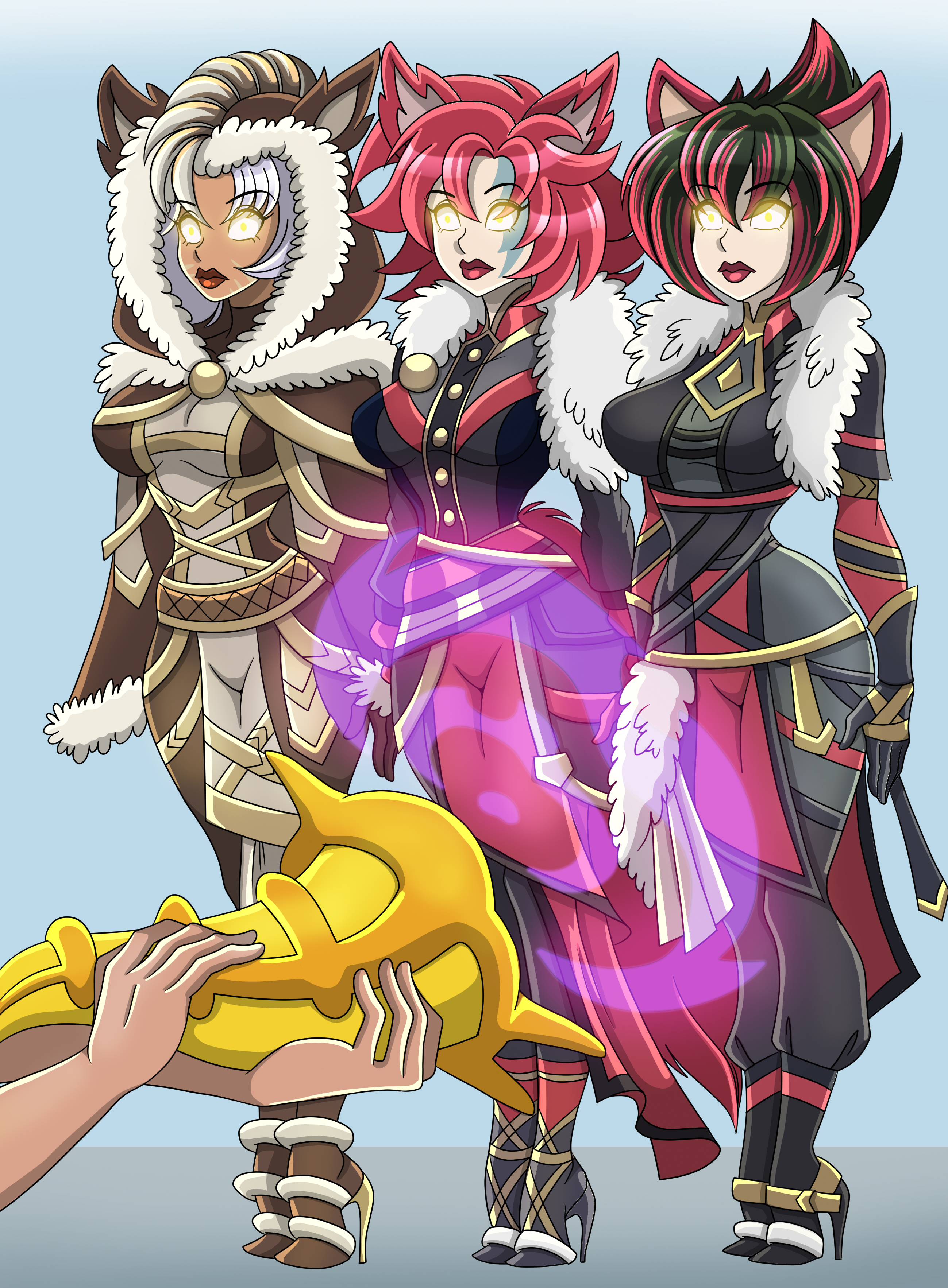 Rule 34 – absurdres animal ears black hair breasts clothed dark skin expressionless face paint female only femsub fur coat glowing glowing eyes high heels hood horn horn of hypnos hypnosis hypnotic audio hypnotic music instrument jenja (kerberusz) lipstick multicolored hair original red hair red lipstick sarana (kerberusz) short hair shrunken irises standing standing at attention talerya (kerberusz) w.i.t.c.h white hair wolf girl yellow eyes zorro-zero | 14972445