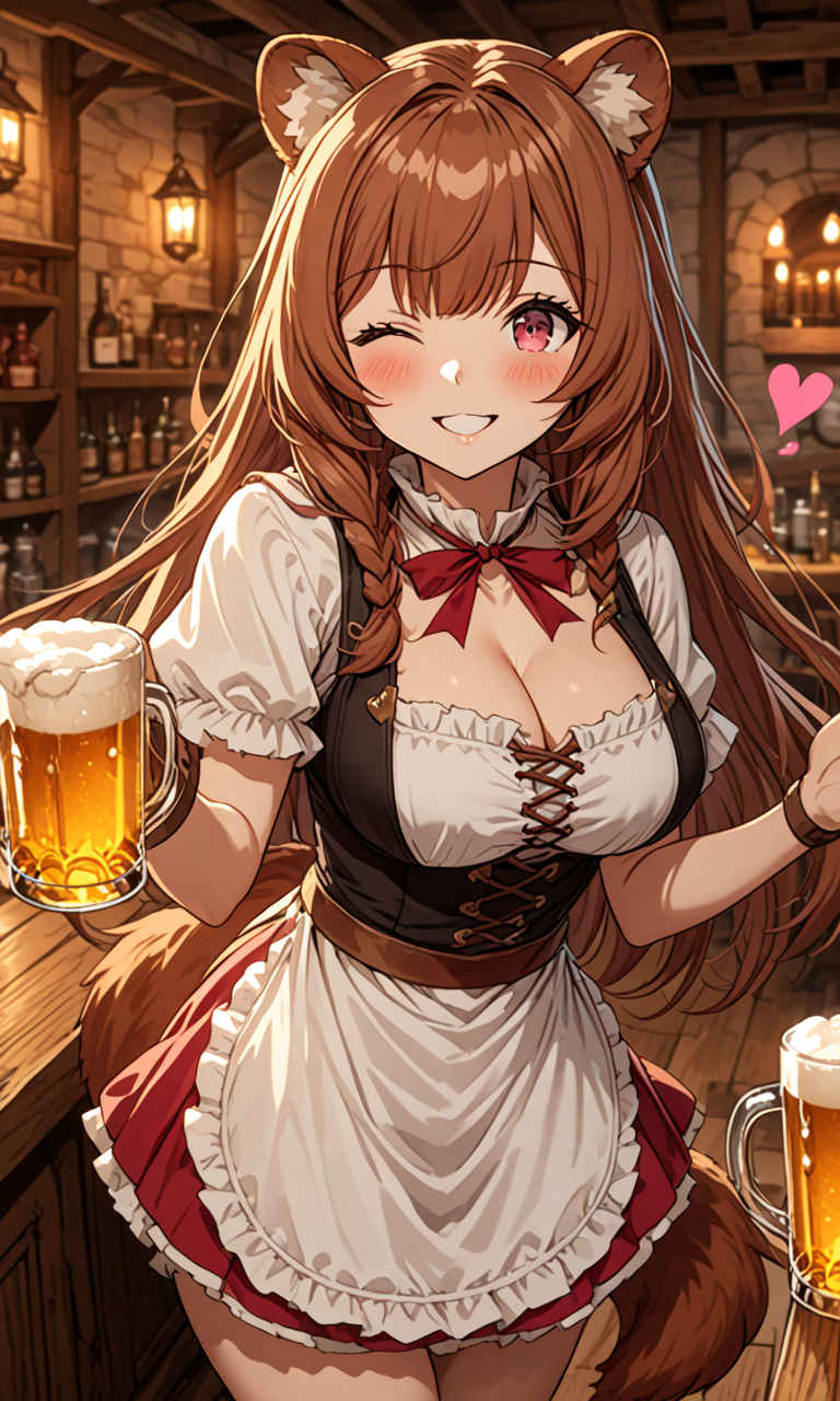 Rule 34 – ai generated bartender beer mug cleavage raphtalia winking at viewer | 14976050