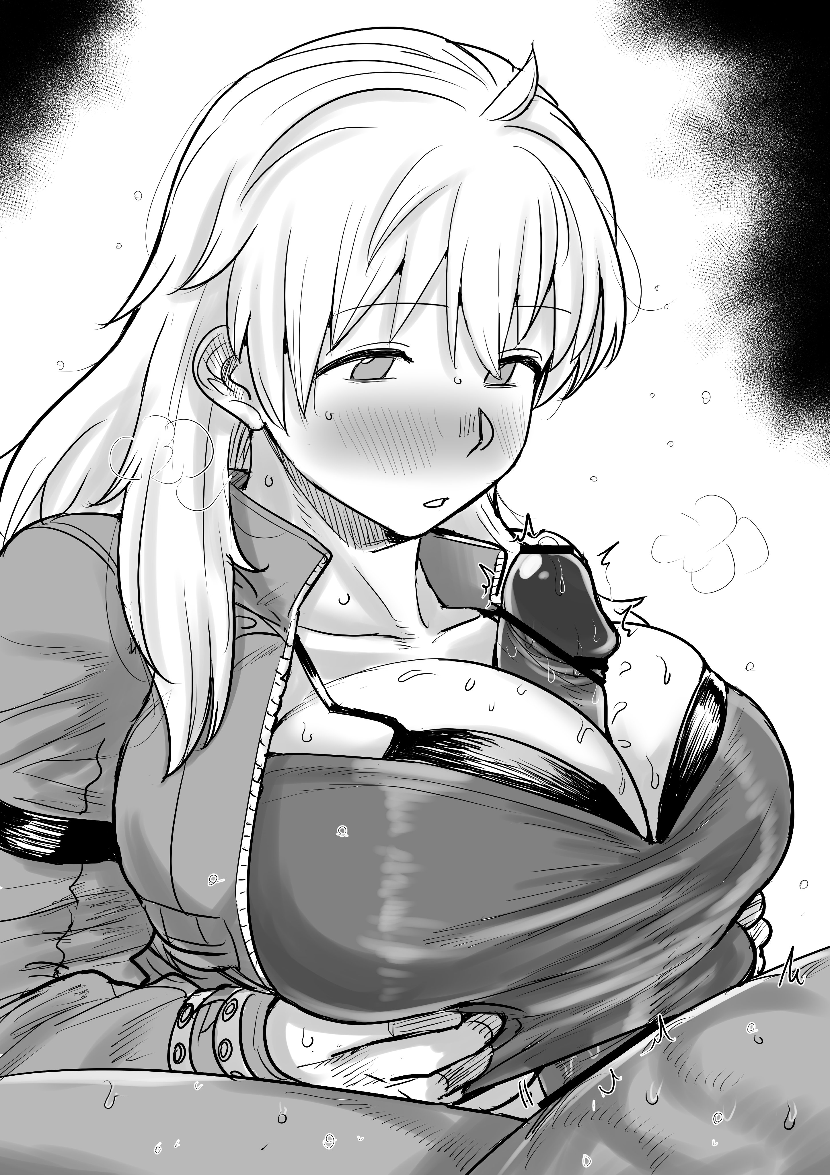 Rule 34 – 1boy absurdres ahoge bar censor blush bra breasts breasts squeezed together censored cleavage collarbone crop top dorohedoro erection female greyscale highres jacket kaiman garupan large breasts large penis long hair long sleeves looking at penis monochrome nikaidou (dorohedoro) no pupils nose blush open clothes open jacket paizuri paizuri under clothes parted lips penis sweat twitching penis underwear unzipped white background | 14976753