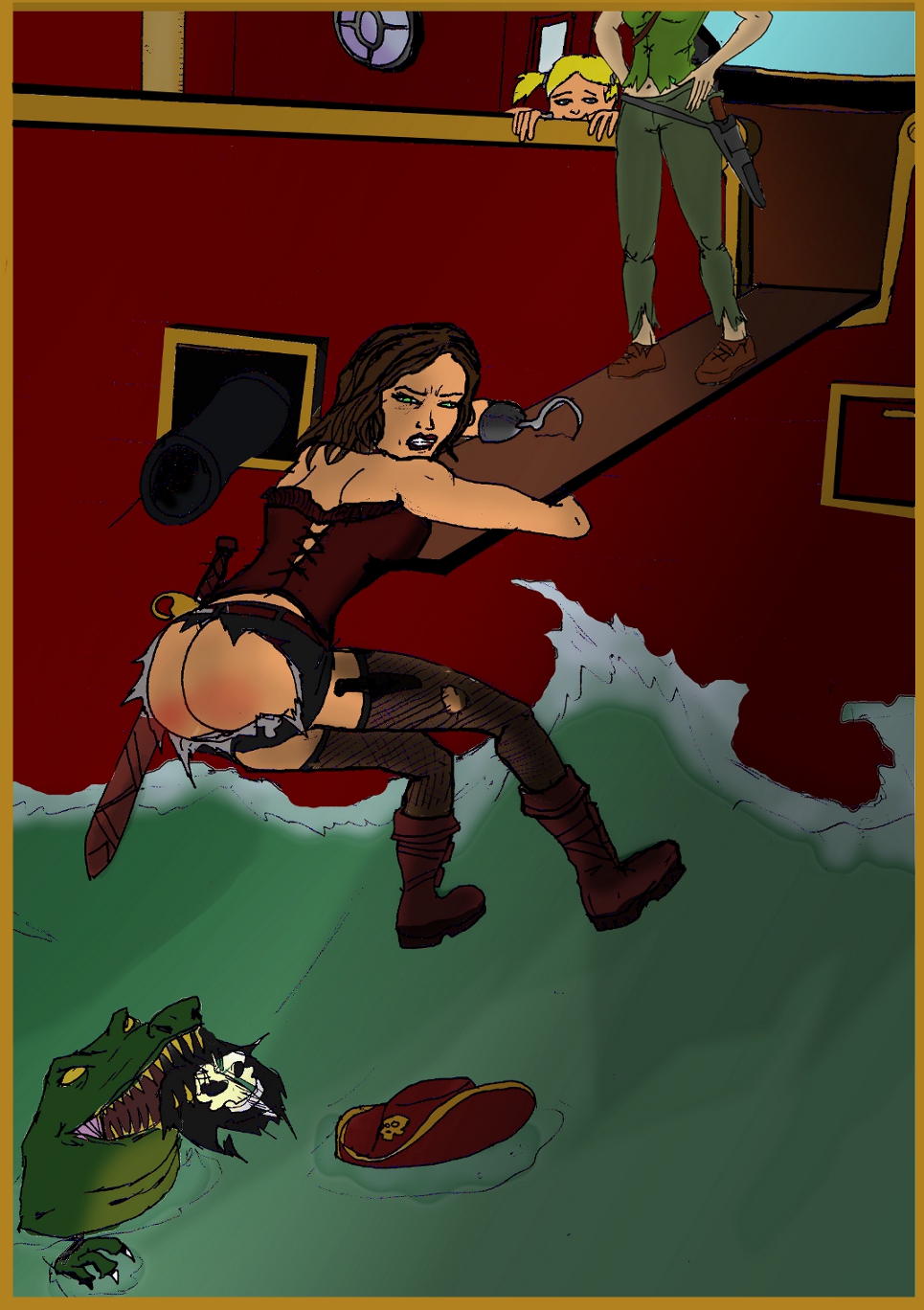 Rule 34 – boots brown hair captain hook captain hook (cosplay) comeuppance corset crocodile damsel in distress disney villains fair skin female genderswap (mtf) green eyes hook hook hand medium hair peril peter pan (character) peter pan (disney) pirate pirate girl plank reptile rule 63 rule 63 ship theshockermaniac tick-tock torn clothes torn pants villainess vore water | 14978092