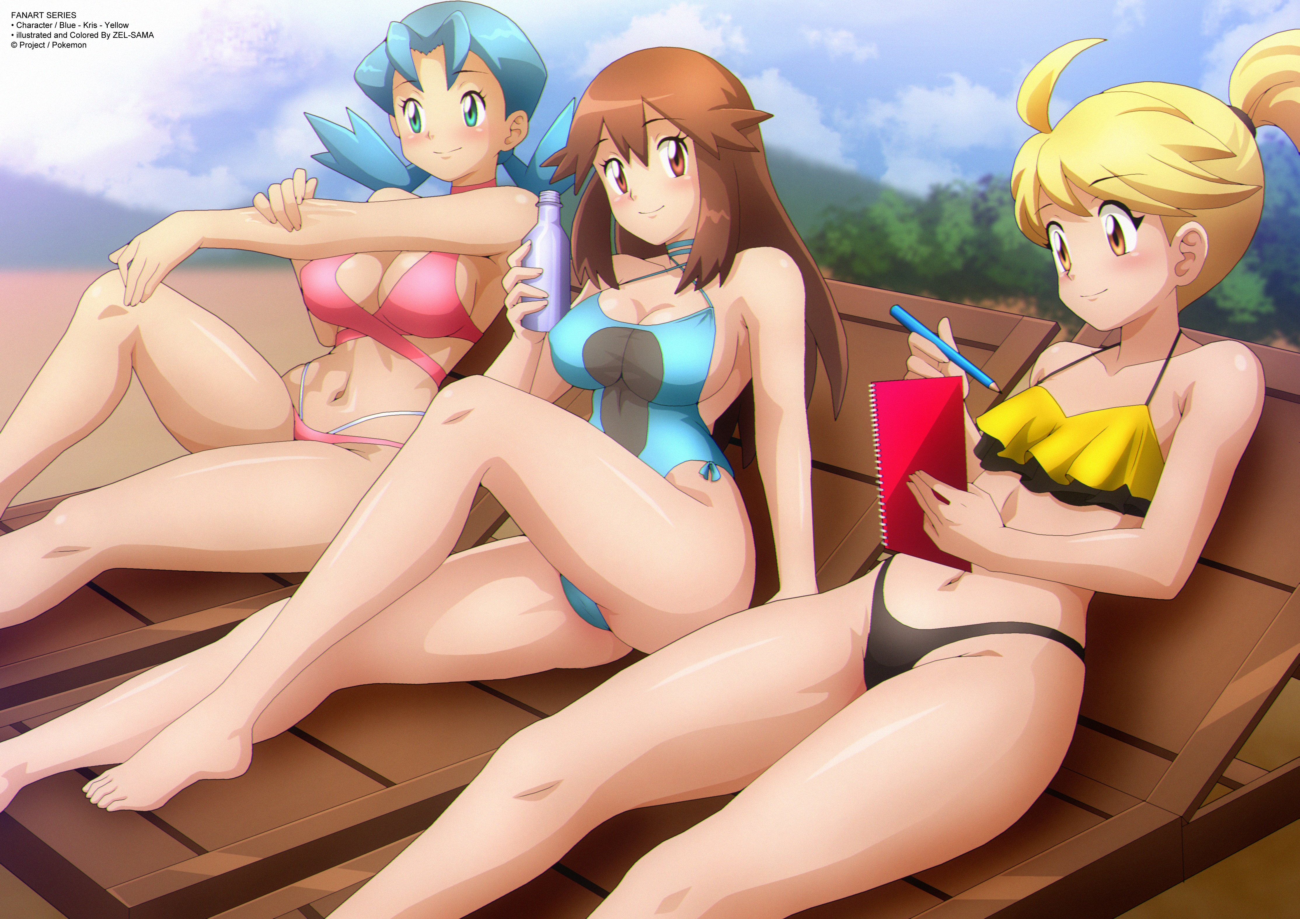 Rule 34 – artist name beach beach chair bikini blonde hair blue hair brown hair cloud green (pokemon) kris (pokemon) large breasts navel one-piece swimsuit pencil pokemon pokemon adventures pokemon gsc sketchbook sky small breasts sunbathing swimsuit trees water bottle yellow (pokemon) zel-sama | 14981846