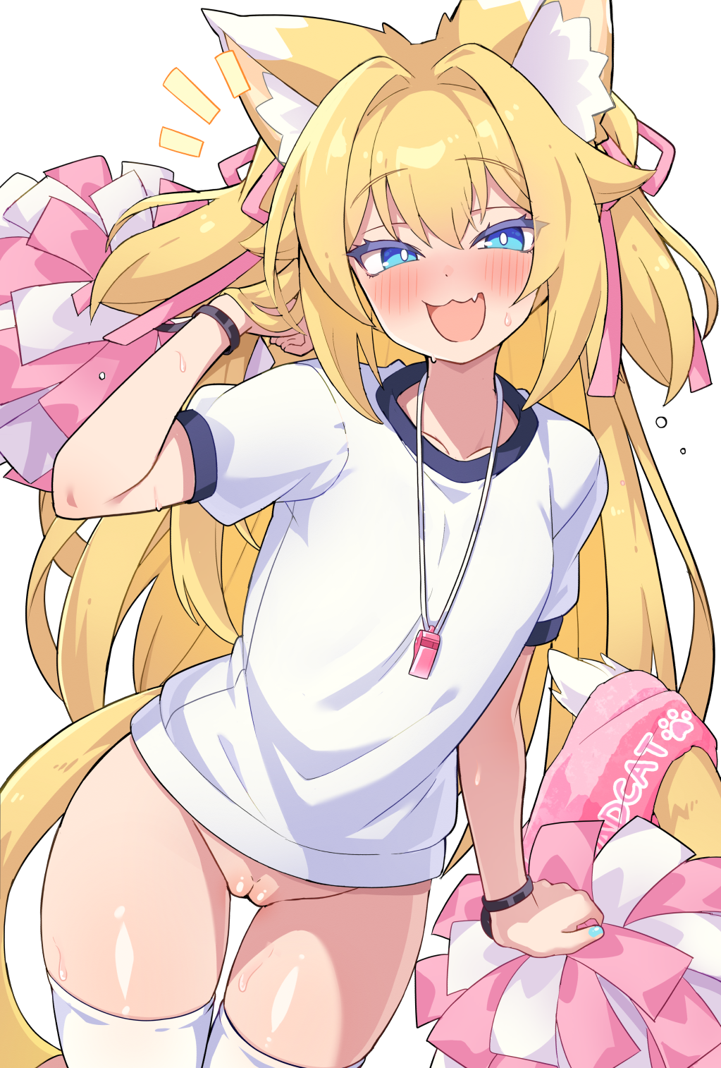 Rule 34 – :3 animal ears arm up blonde hair blue eyes blush bottomless bright pupils cat ears cat girl cat tail colored eyelashes cowboy shot dot nose female gym shirt gym uniform hair ribbon hand in own hair highres holding holding pom poms long hair looking at viewer notice lines oerba yun fang open mouth original pink ribbon pom pom (cheerleading) pussy raglan sleeves ribbon shirt short sleeves skin fang solo sweat tail thighhighs towel ug (nekonekodou) variant set whistle whistle around neck white background white pupils white shirt white thighhighs | 14988549