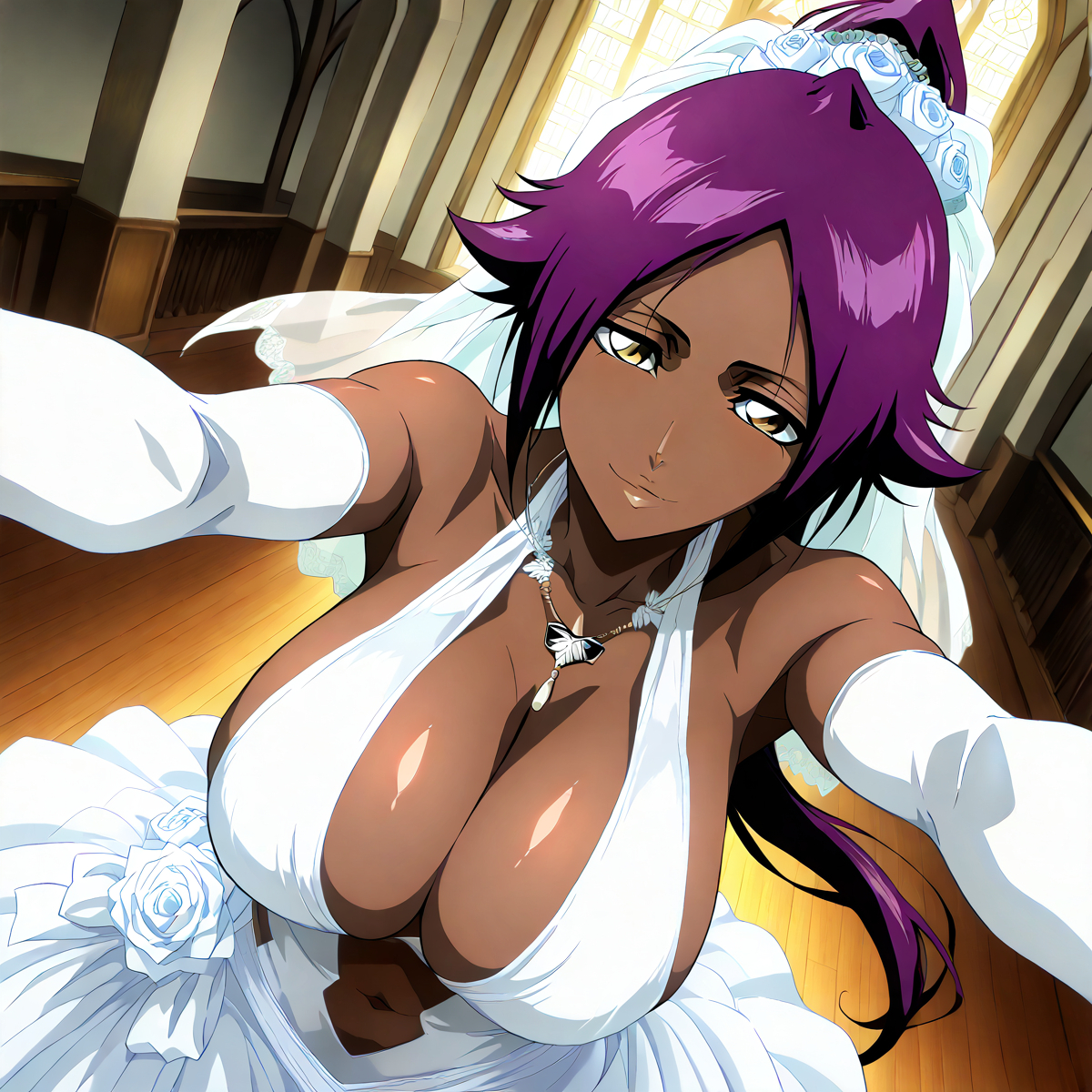 Rule 34 – 1girls aaroniero45 ai generated big ass bleach dark-skinned female dark skin hug huge breasts pov hug shihouin yoruichi wedding dress | 14989143
