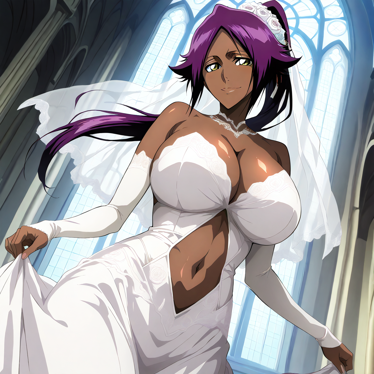 Rule 34 – 1girls aaroniero45 ai generated big ass bleach dark-skinned female dark skin huge breasts shihouin yoruichi wedding dress | 14989139