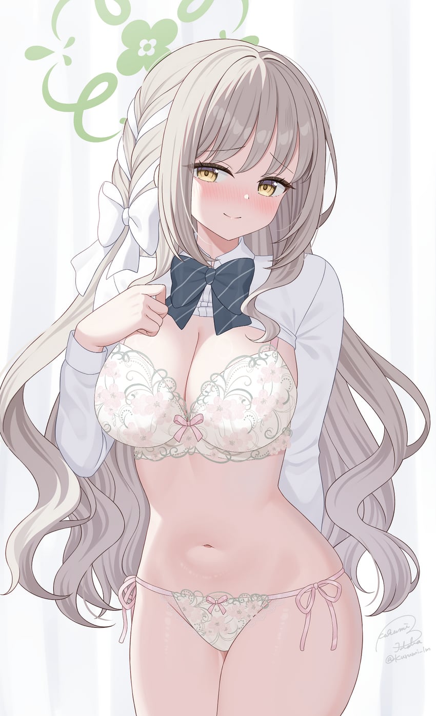 Rule 34 – artist name blue archive bow bowtie bra breasts cleavage closed mouth clothes lift collared shirt commentary request female female floral print floral print bra floral print panties green bow green bowtie green halo grey hair hairbow halo highres kurumi lm long hair medium breasts miyo (blue archive) navel panties partial commentary print panties shirt shirt lift side-tie panties signature smile solo underwear white bow white bra white panties white shirt yellow eyes | 14991766